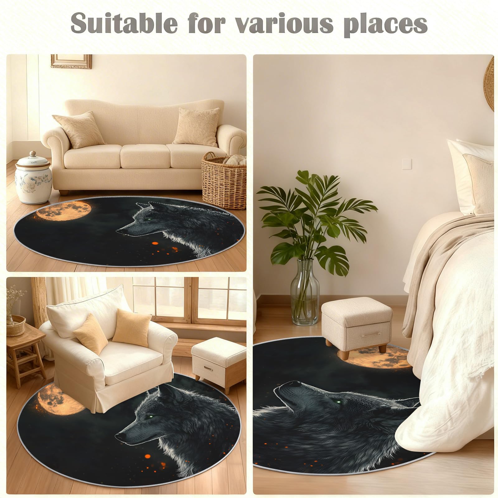 Tapis rond avec motif loup, pour salon, chambre à coucher, tapis lavable, antidérapant et antidérapant, au clair de lune