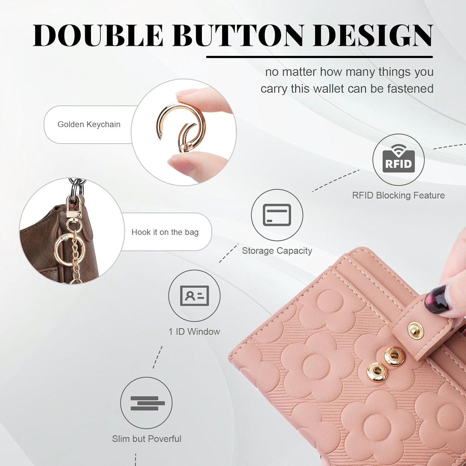 RFID Wallet Women,Slim Small Wallets Embossed Flower Leather Bifold Compact Ladies Girls Wallet with Credit Card Holder Zipper Coin Pocket Pink - Image 3