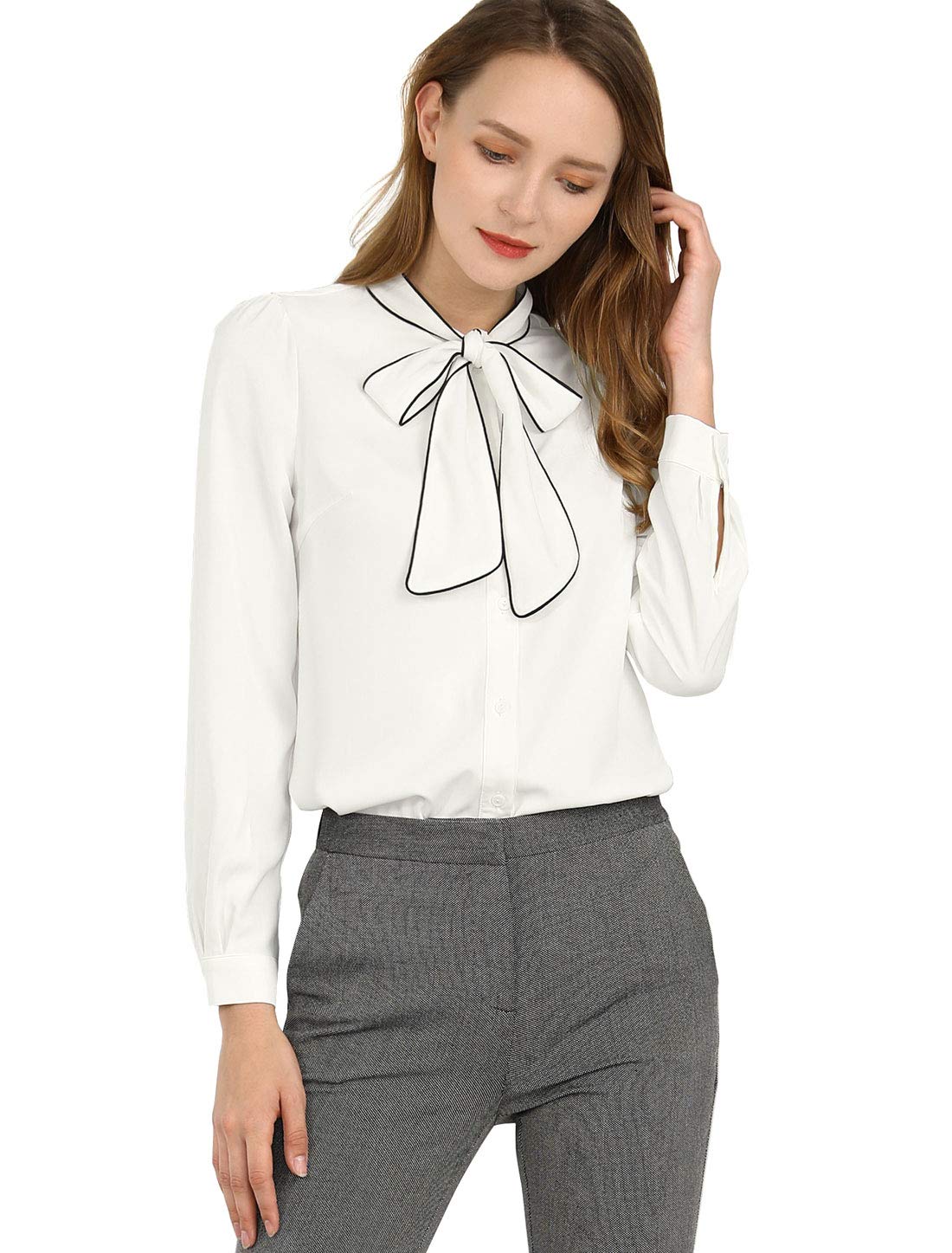 Camicia Da Donna Allegra K In Raso Con Collo A Fiocco – Maniche Lunghe, Tinta Unita, Perfetta Per Ufficio