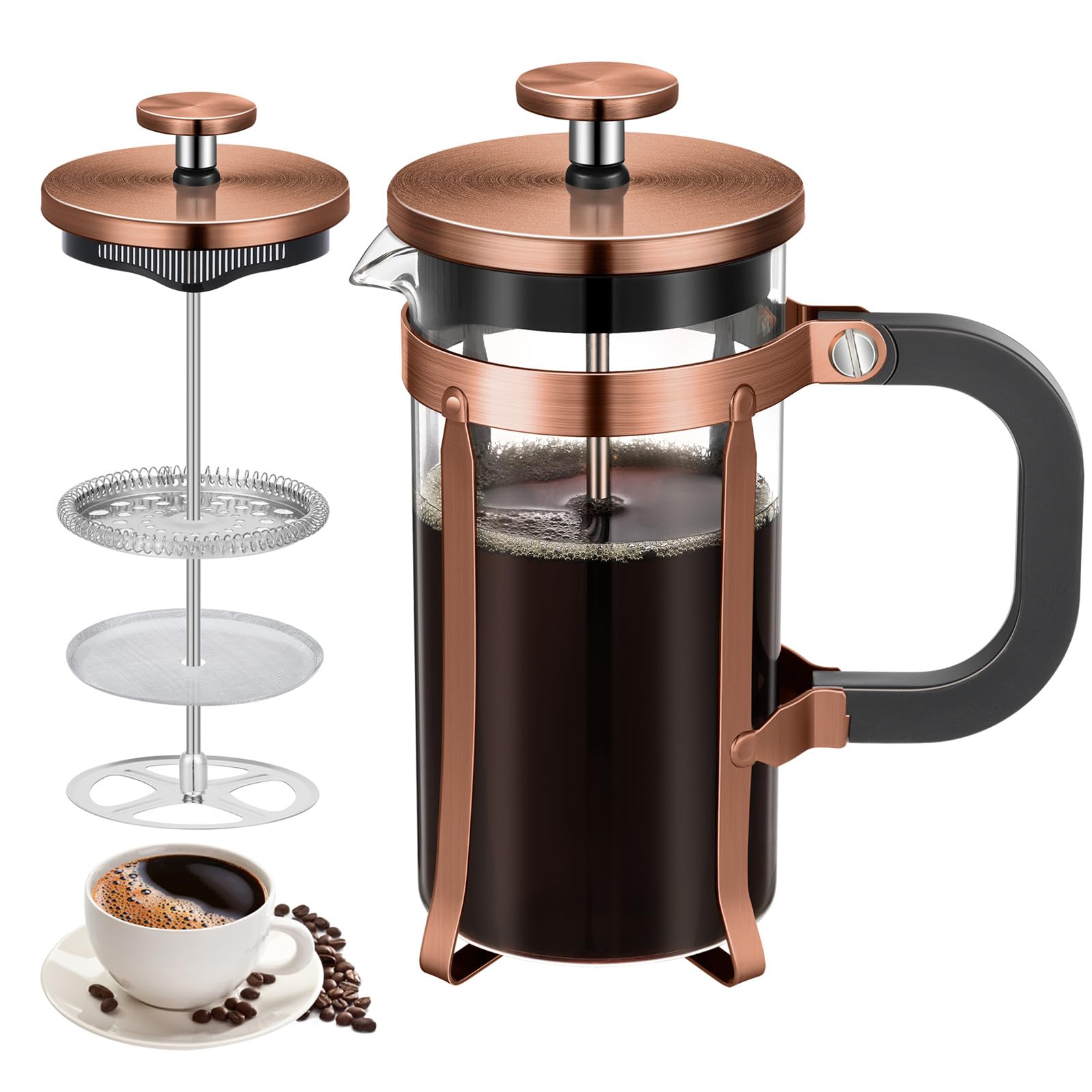 KOOYATCafetiere French Press Coffee Maker with Capacity of 350ml / 1 Cup Small Coffee Press for Ground Coffee in Home Office or Travel Heat-Resistant Caffettiera Gift Set for Women and Men Copper
