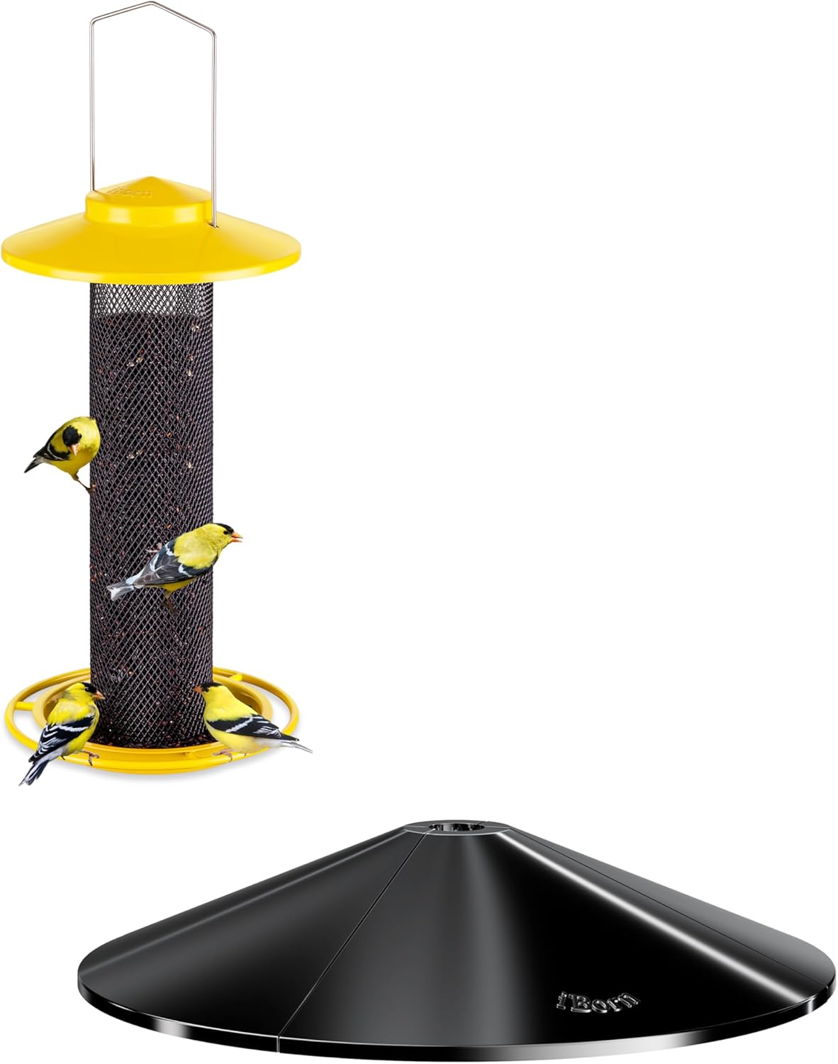 iBorn Squirrel Baffle for Bird Feeder Pole,19.5”,Chew-Proof PC, Pack of 1, Black + Finch Feeders 13.5 inch with 17cm Weatherproof Large Roof and Tray,2 LB Capacity,Yellow,1 Pack