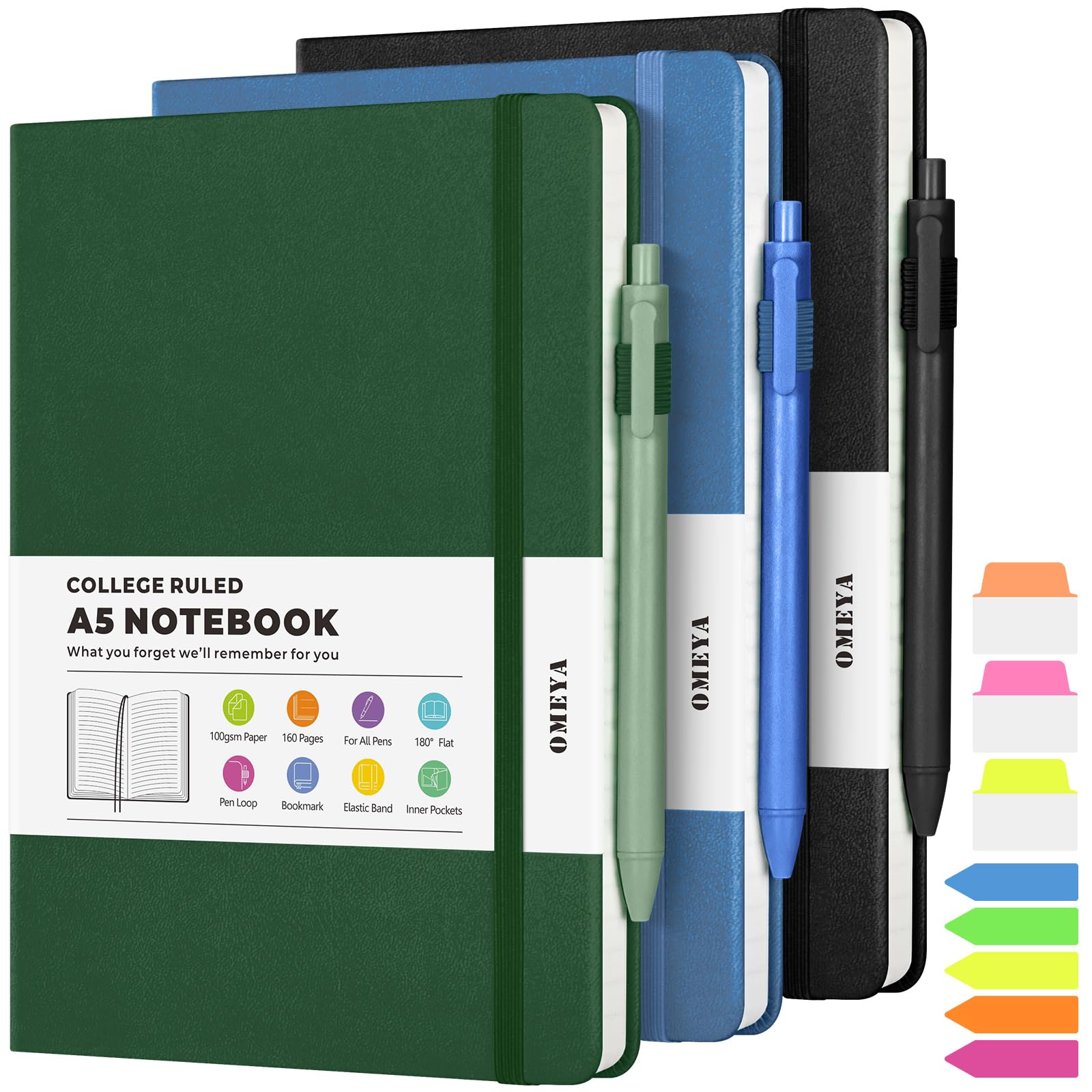 Lined Journal Notebook, 3 Pack A5 College Ruled Notebooks for Work, Hardcover Notebook Each with 2 Pockets & Pen, Leather Journal for Women, Men, 160 Pages, 100GSM Thick Paper (Blue, Black, Green)