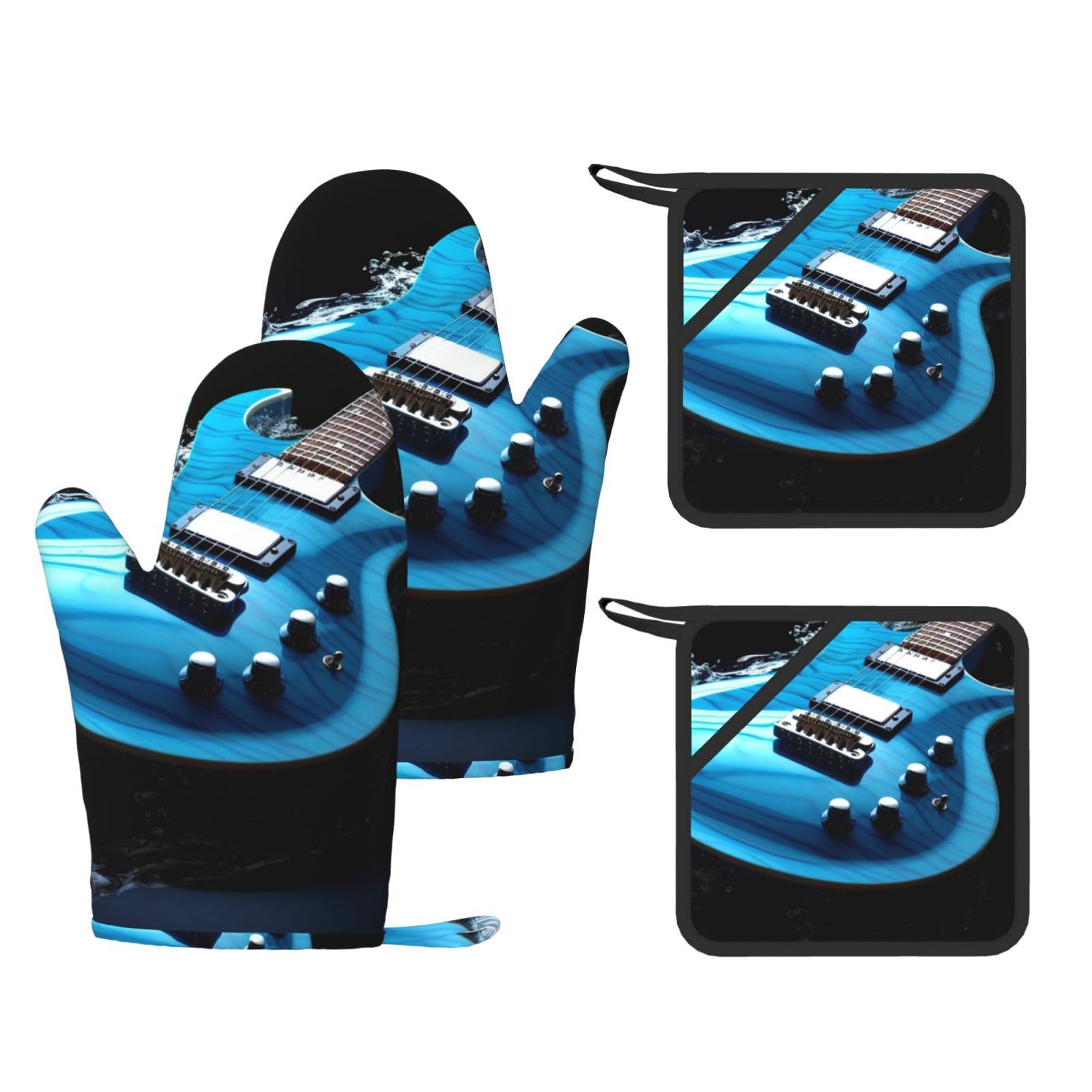 4 Pcs Kitchen Oven Mitts Blue Guitar Oven Mitts and Pot Holders Non-slip Silicone Kitchen Gloves for Cooking Baking Grilling Kitchen Essentials