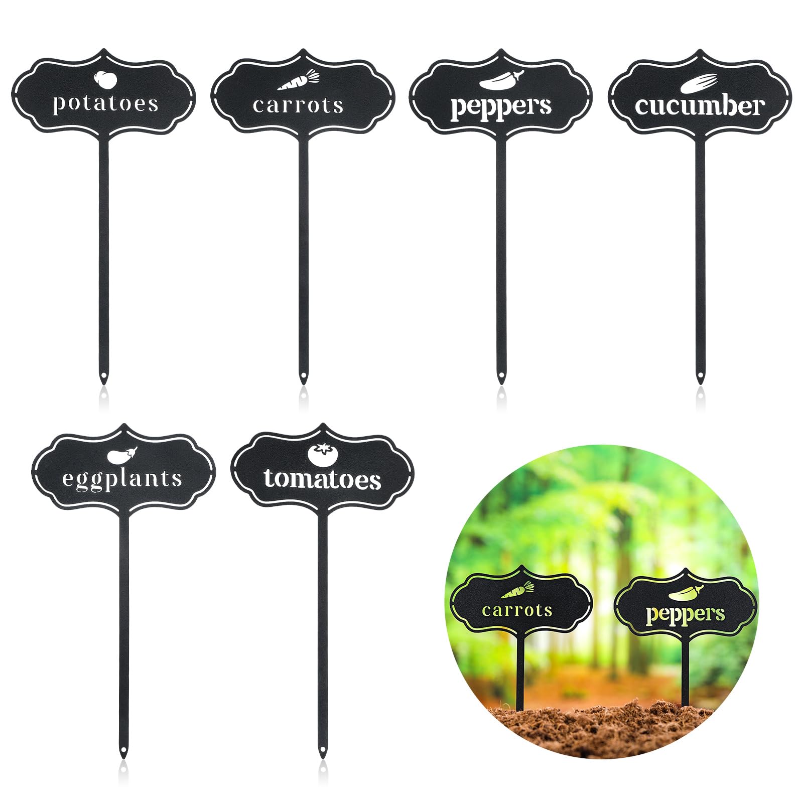 Reallnaive 6 Pack Metal Seed and Plant Markers Garden Signs for Vegetables 8 Inch Waterproof Reusable Garden Label Stakes Tags with Names for Vegetable Indoor Outdoor Farmhouse Greenhouse