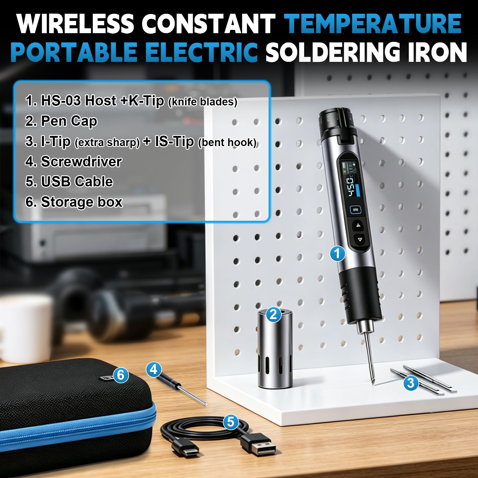 Set di Saldatore HS-03 Senza Fili, Set di Saldatore Ricaricabile a 5 Velocità con Temperatura Controllata, Pre-Impostato 7S, 250℃-450℃, Batteria da 2600mAh con 3 Punte di Saldatura per Riparazioni di