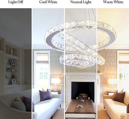 Miniatura 9 de Dixun - Candelabros LED regulables, lámpara de techo moderna, 3 anillos, ajustable, de acero inoxidable, lámpara colgante para dormitorio, sala de