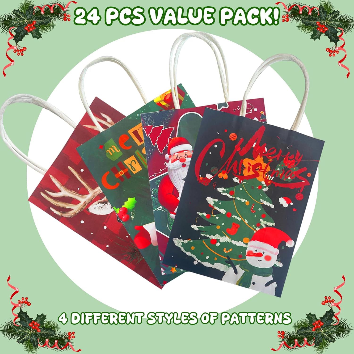 TEMOGU 24 PCS Christmas Gift Bags With Handles, 4 Designs Xmas Kraft Paper Bags Goody Bag Gift Box Packaging for Holiday Party Favors