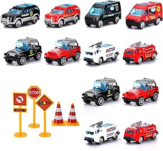 17PCS Mini Police Car Toys for Boys 3-5 Die Cast Metal Toy Police Car Set Fire Trucks Including 5 Road Signs Kid Birthday Party Gift Police Party Decorations Police Toys