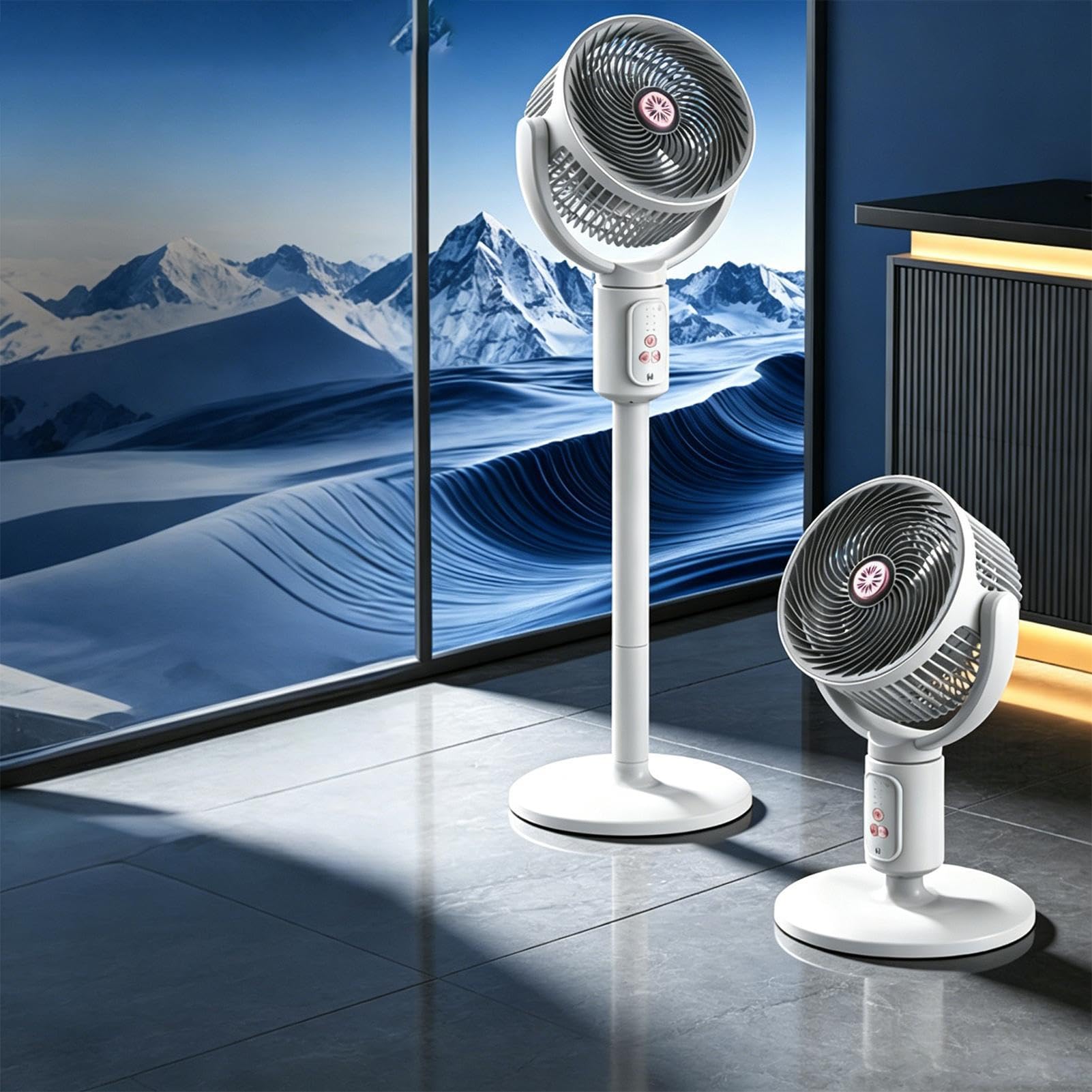 Ventilador de pie Ventilador vertical de 5 velocidades con temporizador | Circulador de aire de pie oscilante, ajustable en altura, recargable por Para Hogar, Oficina, Cocina, Salón Y Playa