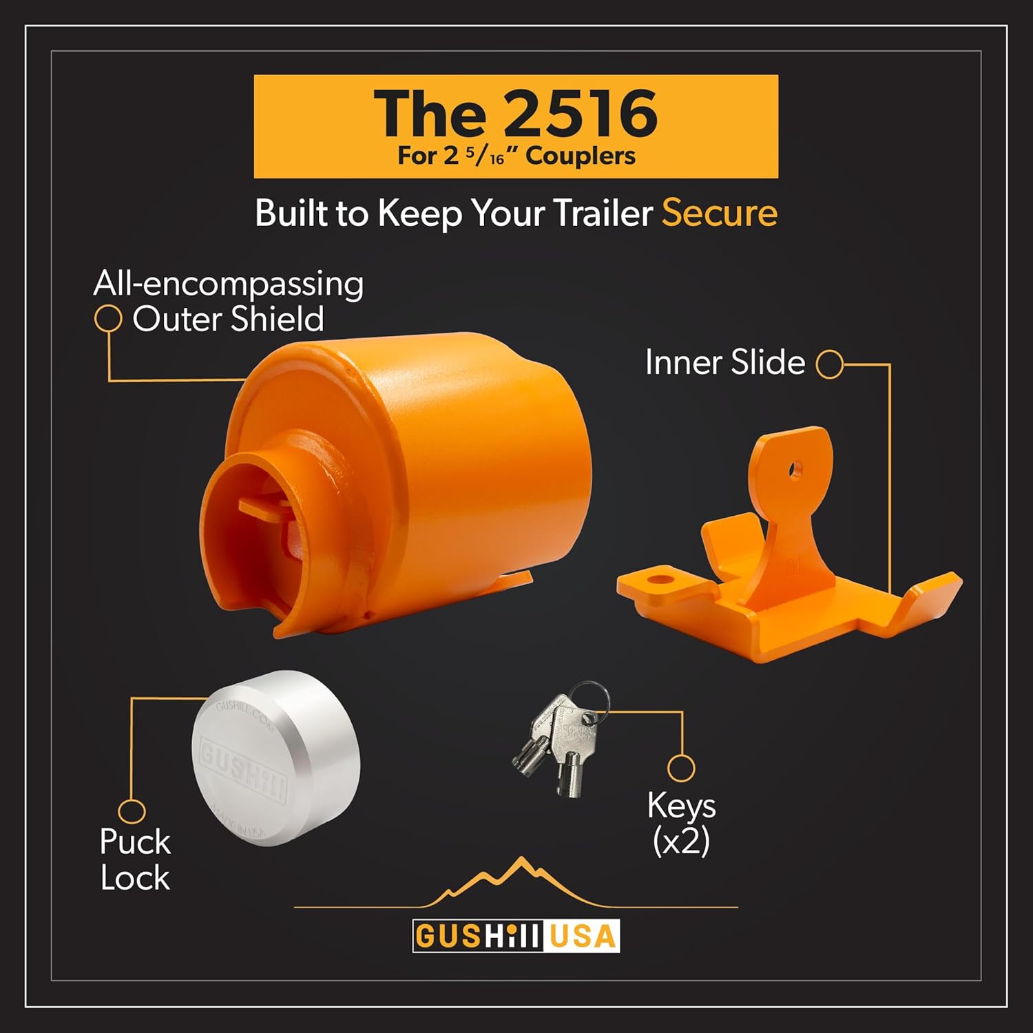 GusHill USA Model GH01 Heavy-Duty Trailer Coupler Lock for 2-5/16” Couplers – Bright Orange Anti-Theft RV & Trailer Lock, Steel Construction, Made in USA