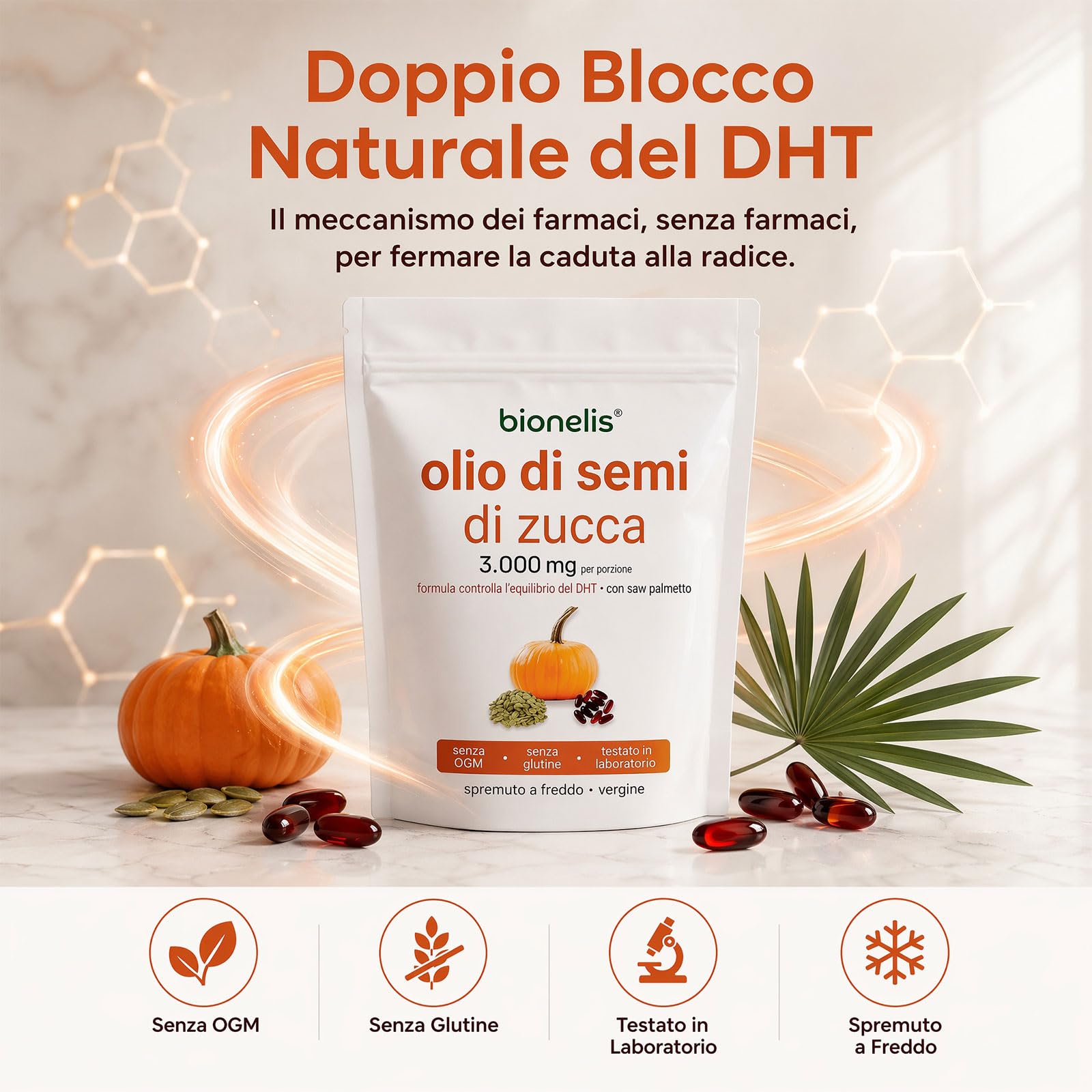 Bionelis Olio di Semi di Zucca e Saw Palmetto 3000mg, 2026 Olio di Semi di Zucca per Capelli, Vegano, Favorisce la Crescita dei Capelli, 180 Capsule Softgel (1 borsa)