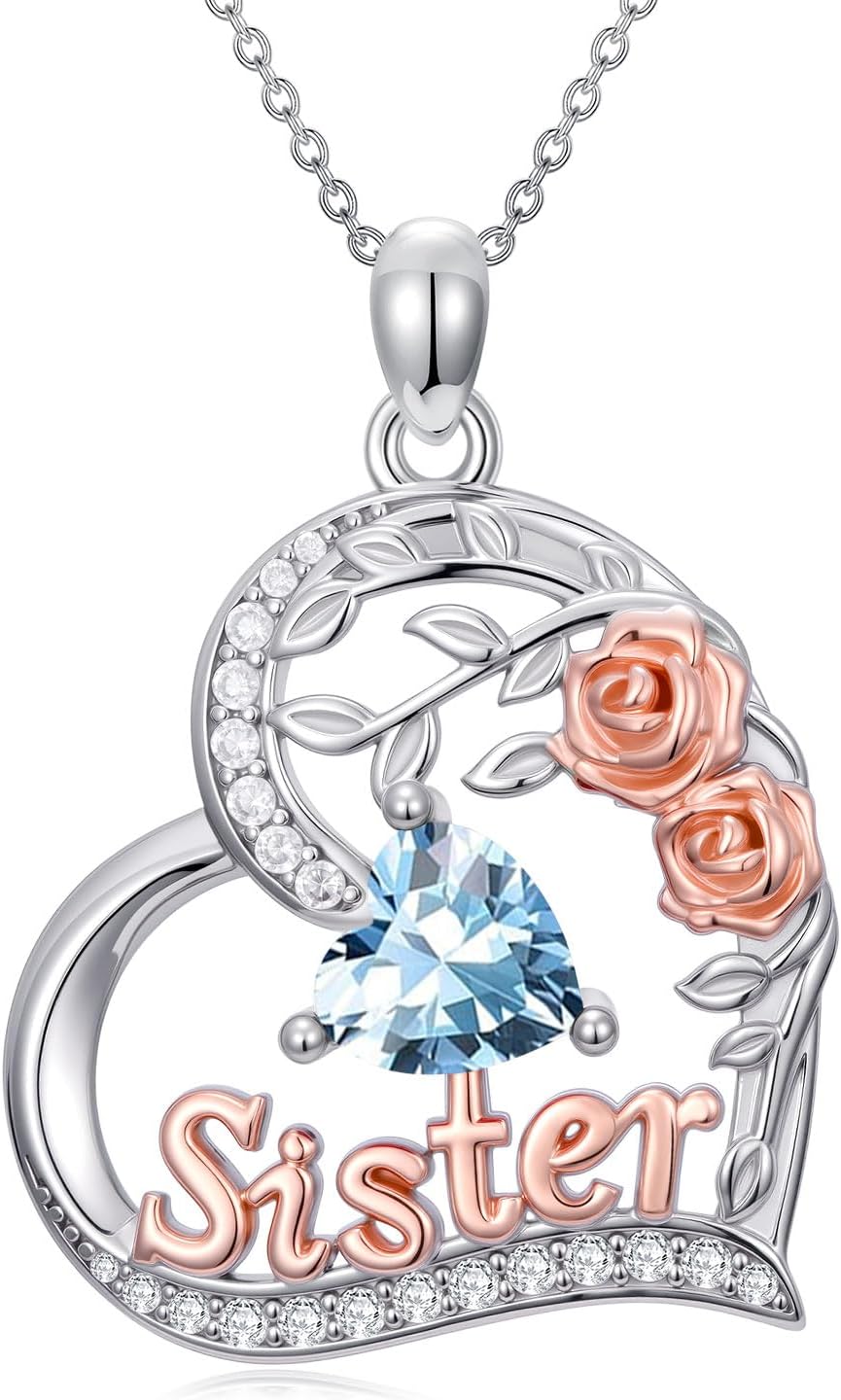 Sister Birthday Gifts for Sister 925 Sterling Silver Heart Rose Birthstone Necklace for Women Anniversary Valentines Day Gifts for Her