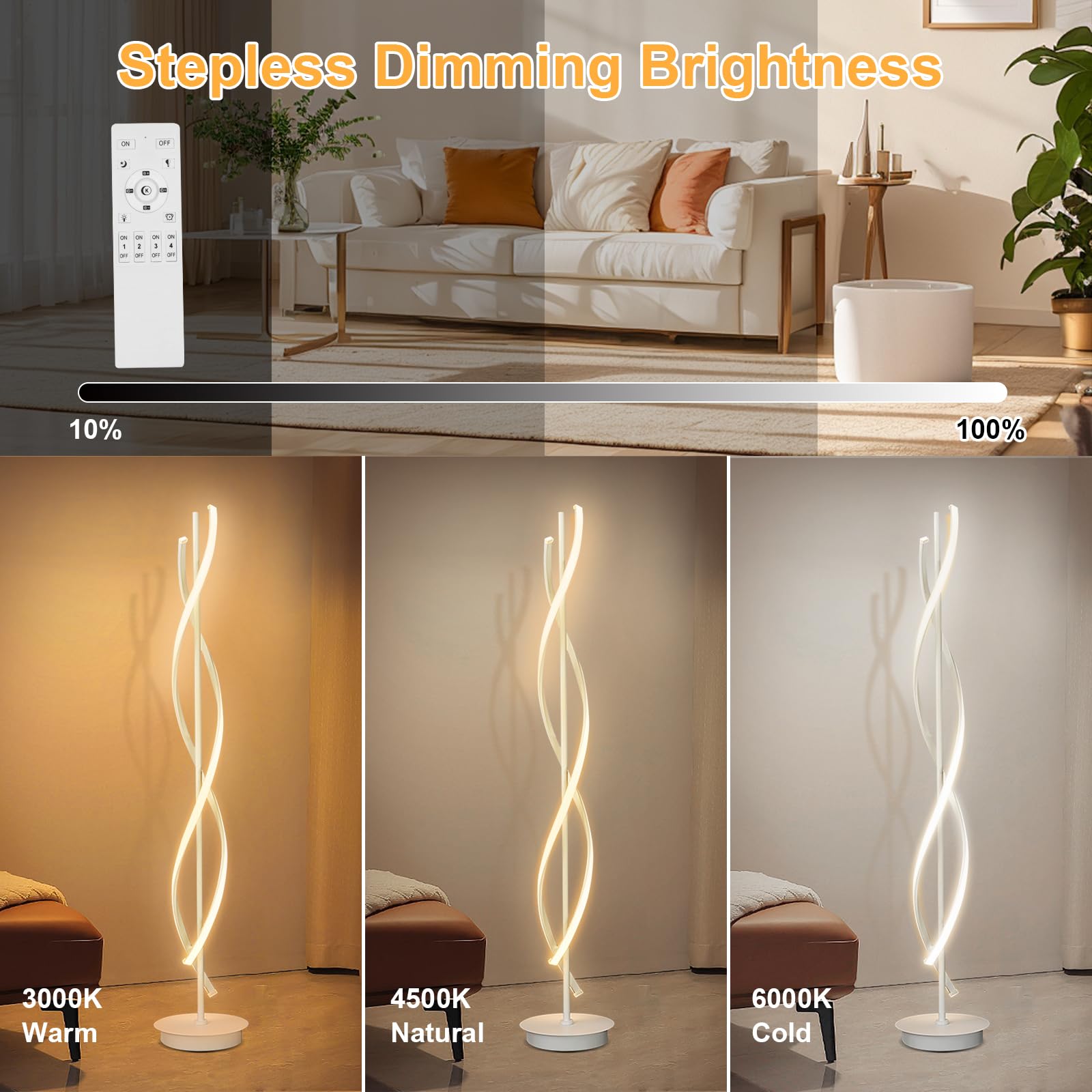 Lampada da Terra Soggiorno LED Dimmerabile, 52W Moderna Piantana Lampada da Terra Salotto con Telecomando Spirale Design Lampada Piantana per Camera da Letto (Bianco)
