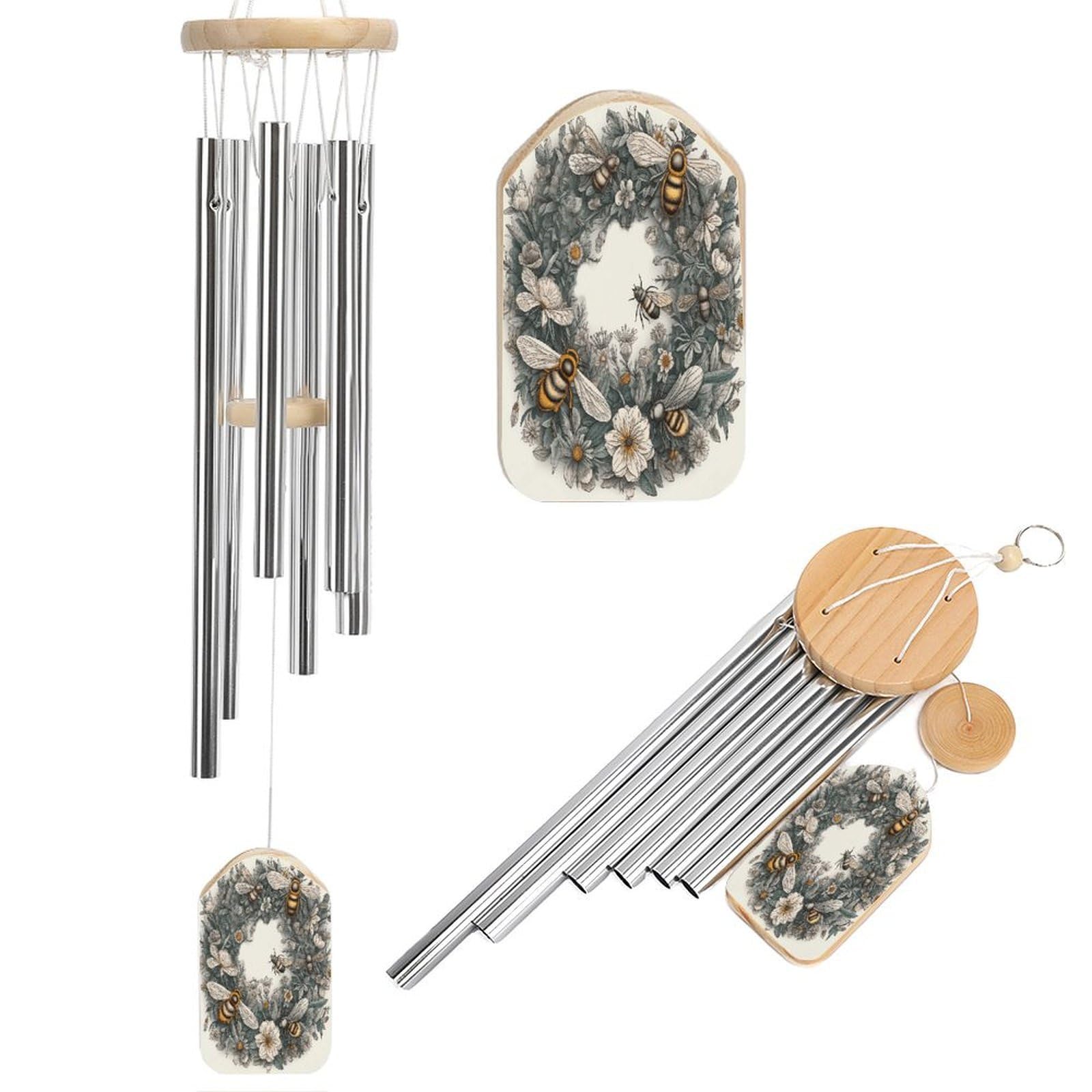 Btcowzrv Style Hand Drawn Wreath And Bee Wind Chimes For Outside, Hanging Windchimes With 6 Aluminum Tubes, Memorial Wind Chime For Patio Backyard Garden And Outdoor Decor