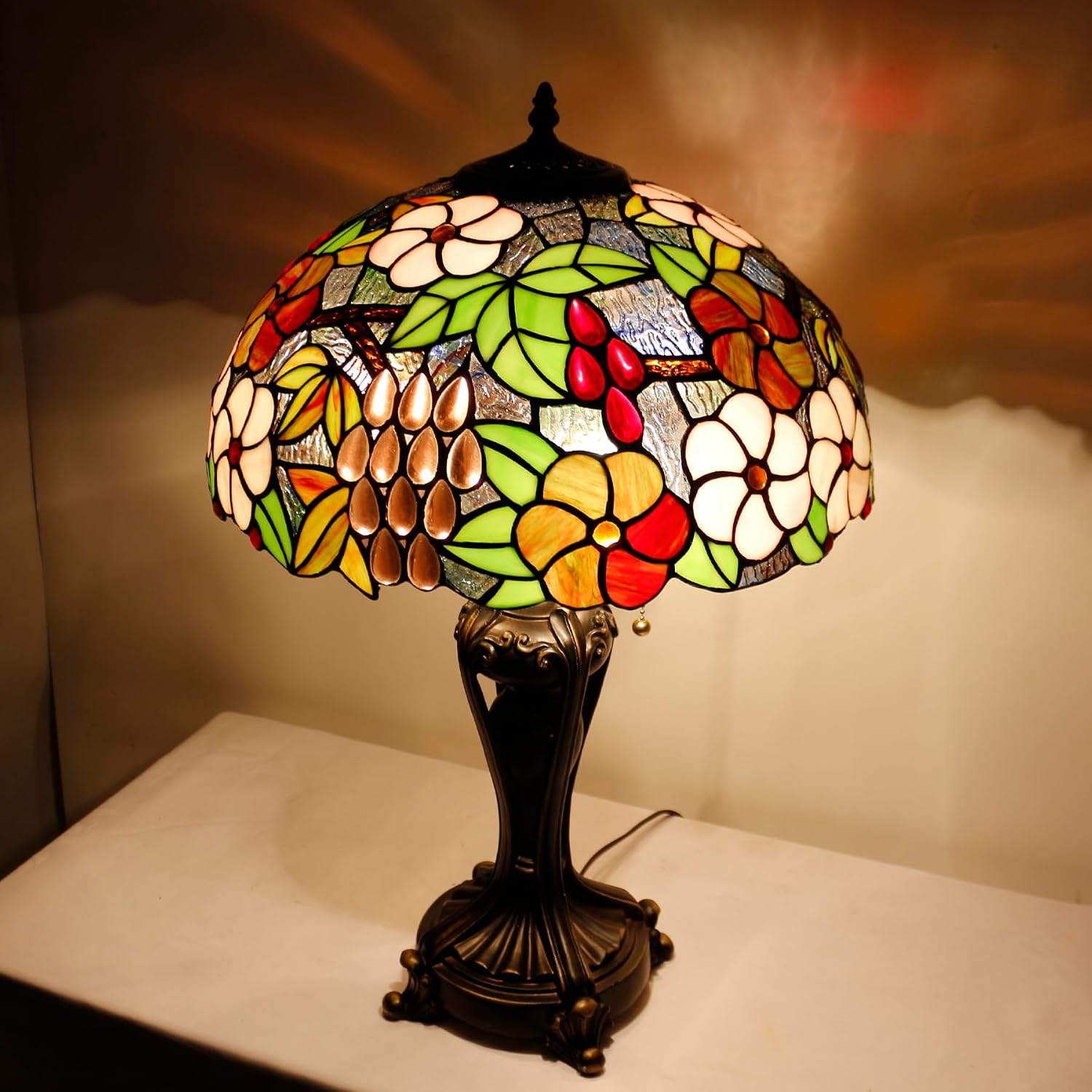 Tiffany Lamp(2 Lights) Stained Glass Table Lamp Bedside Desk Reading Light 16X16X24 Inch Decor Bedroom Living Room Home Office (Green Purple Grape)