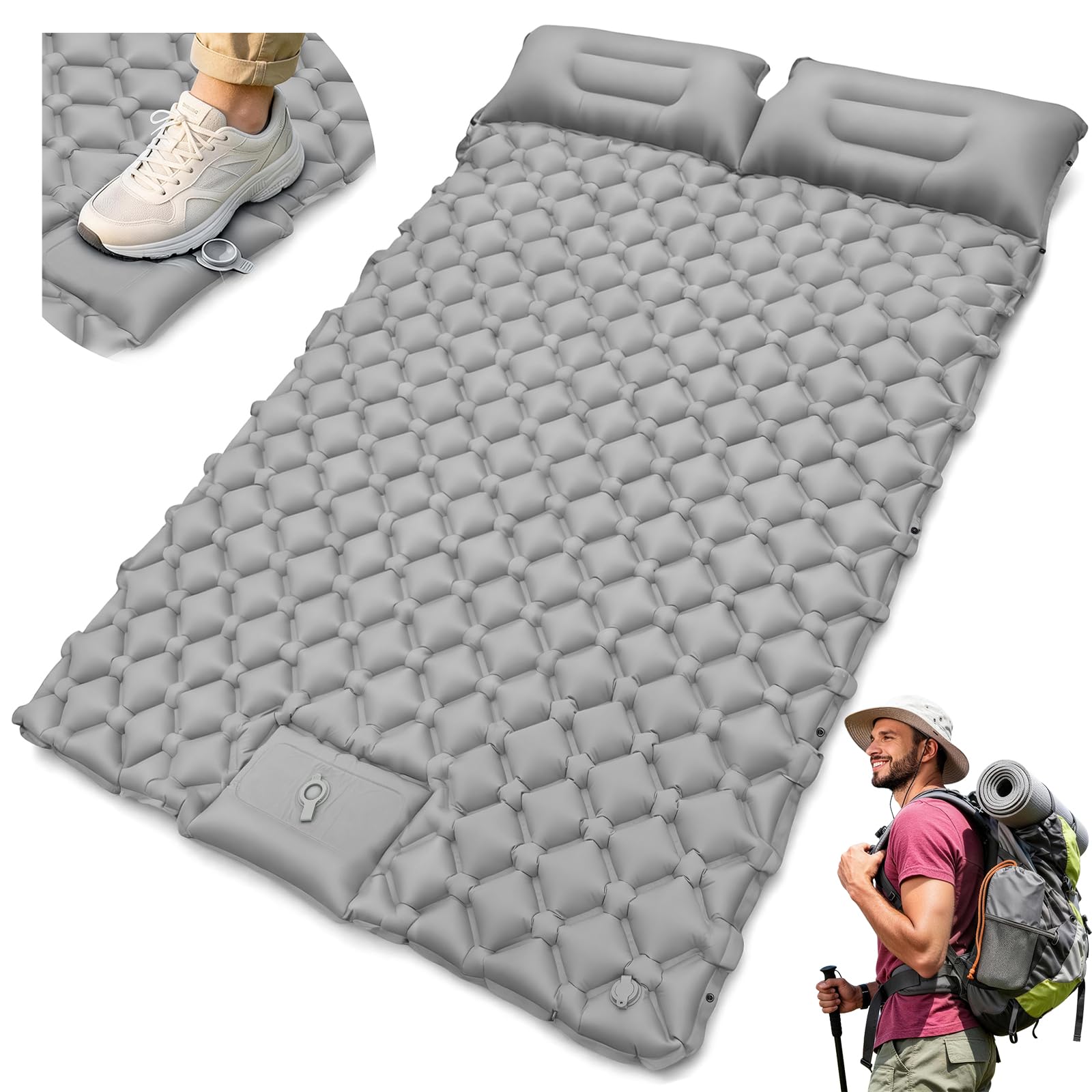 Camping Sleeping Pad with Built-in Foot Pump, Extra Thick Inflatable Camping Mattress for 2 or Couples, Ultralight Sleeping Mat with Pillows, Compact Air Bed for Camping&Tent (Cool Gray, Double)