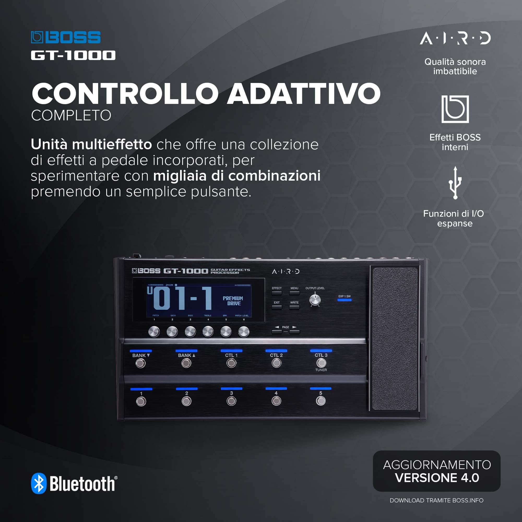 BOSS GT-1000 | Processore di effetti per chitarra leader del settore | Qualità sonora insuperabile | Ampli per chitarra altamente espressivi, realizzati con la tecnologia AIRD | Effetti BOSS integrati