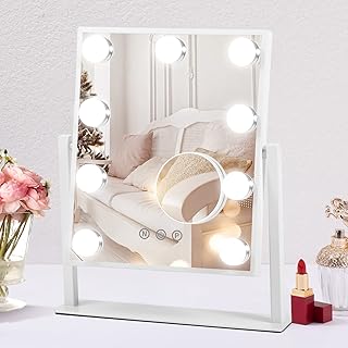 Beinocci Hollywood Vanity Mirror with Lights - 9 Led Bulbs Makeup Mirror with Lights for Desk, 3 Color Lighting, Touch Screen Control, Lighted Makeup Vanity Mirror for Tabletop, White