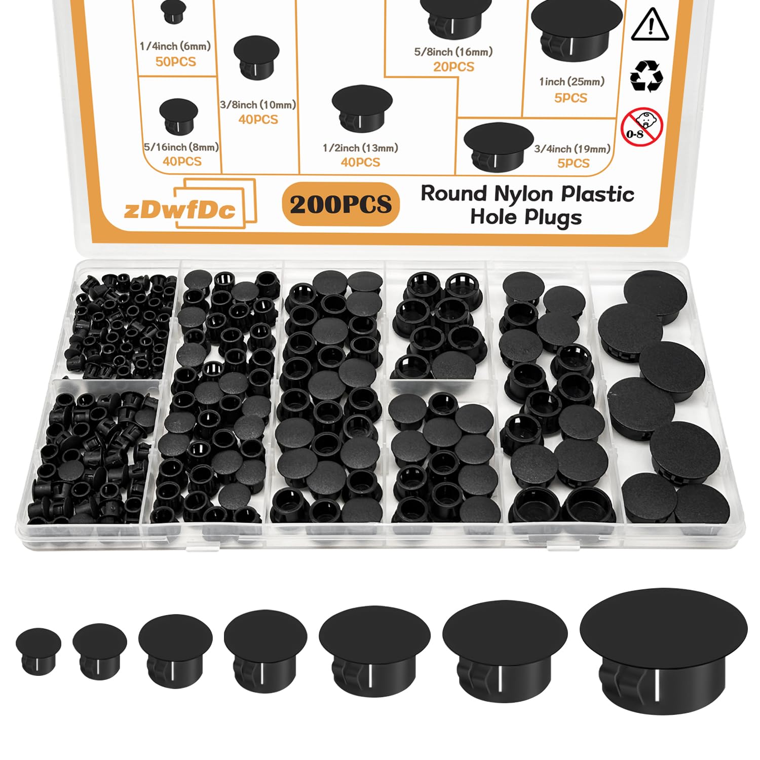 200PCS 7 Sizes Black Hole Plugs Nylon Plastic Plugs for Round Holes