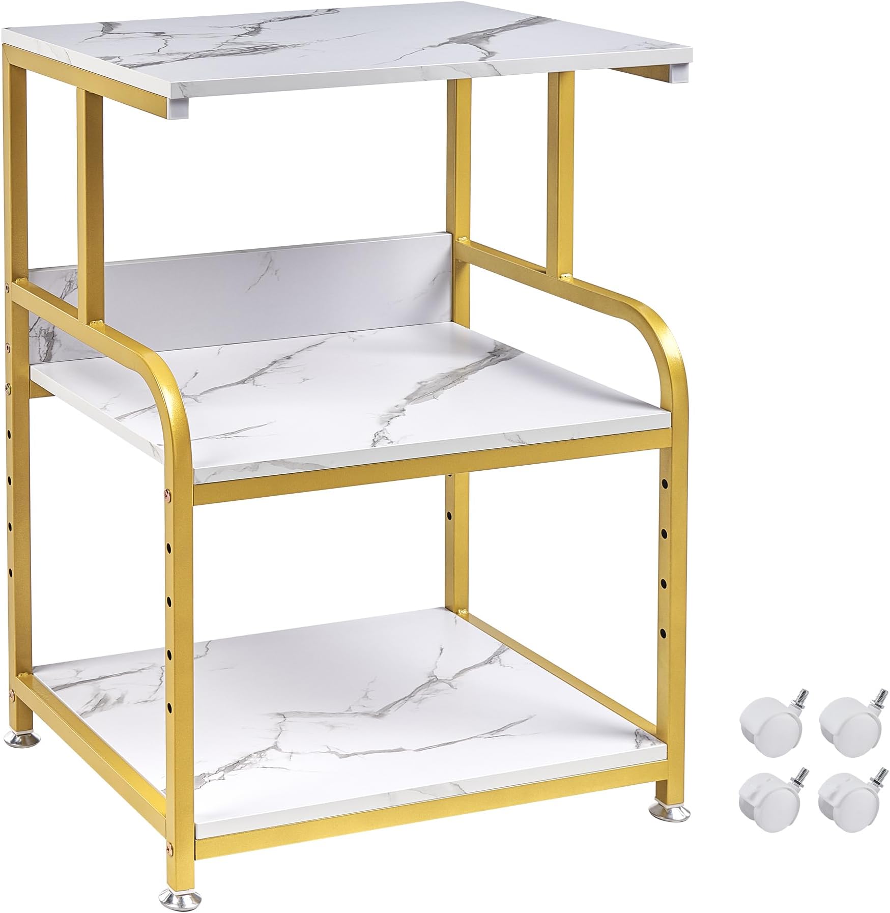 FannovaPrinter Table with Storage for Home Office Organization, 3 Tier Printer Stand with Height Adjustable Shelf, Rolling Printer Cart with Wheels, White Gold