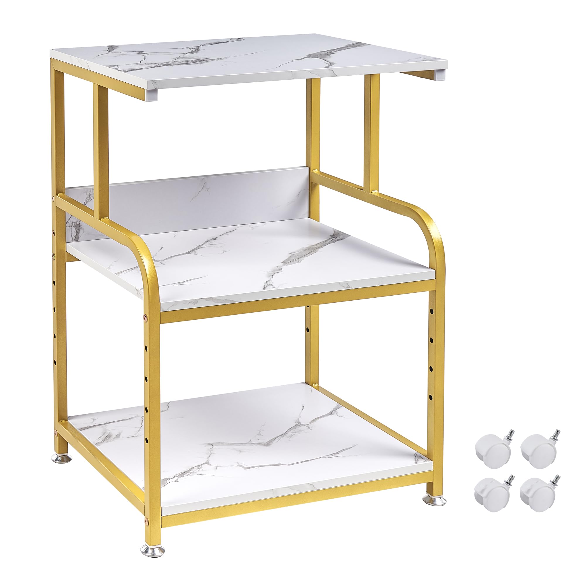 FannovaPrinter Table with Storage for Home Office Organization, 3 Tier Printer Stand with Height Adjustable Shelf, Rolling Printer Cart with Wheels, White Gold