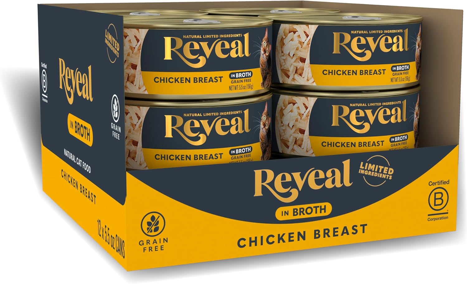 Reveal Natural Wet Canned Cat Food, Limited and Natural Ingredients, Grain Free, High Protein with No Artificial Additives, Chicken Breast in Broth (12 x 5.5 oz Cans)