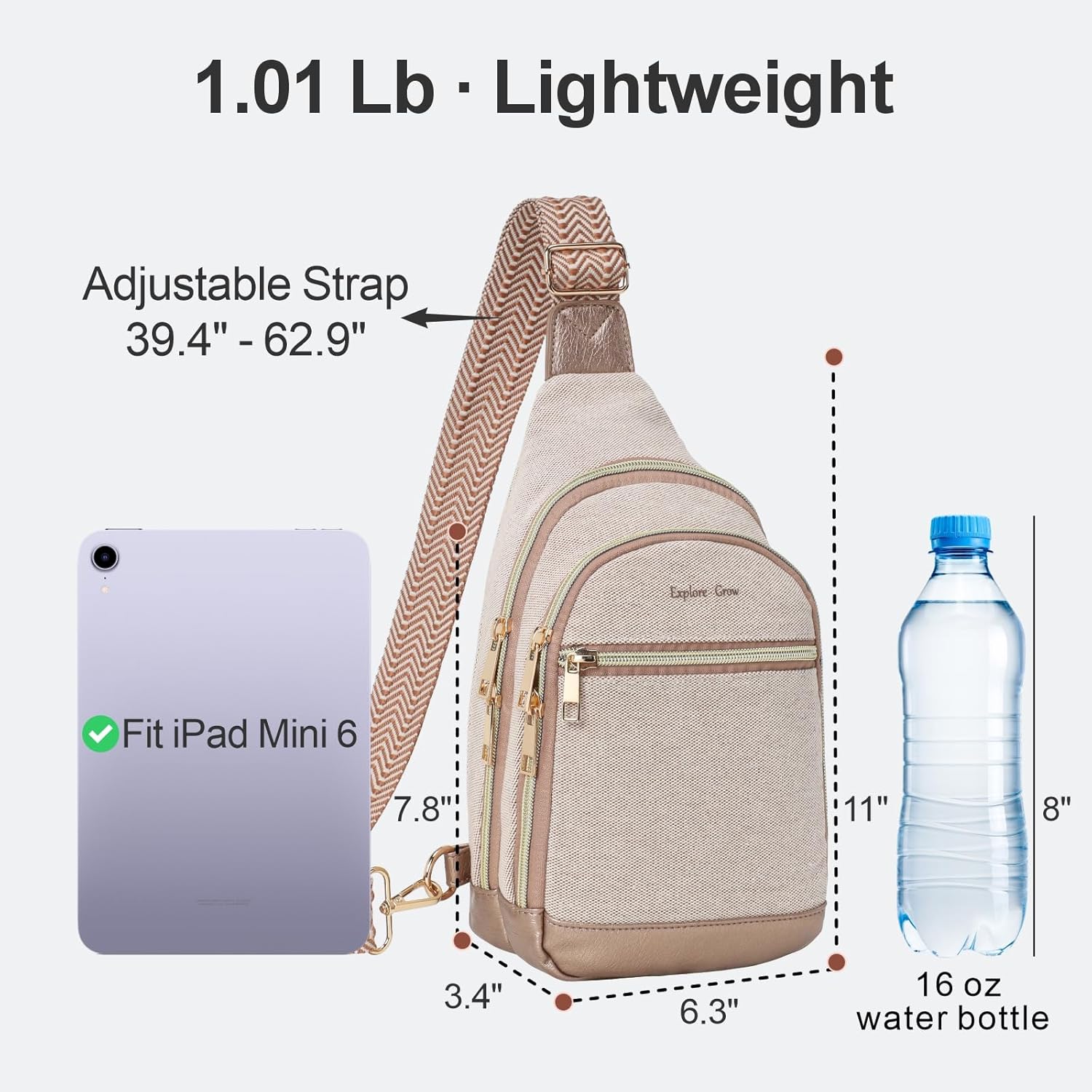 Packism Travel Sling Bag for Women Valentine's Day Gift with Box and Message Card - Anti-Theft Canvas Crossbody Bag with 7 Pockets, Leather Bottom, Fits iPad Mini, 6.3x3.4x11 Inches, Khaki