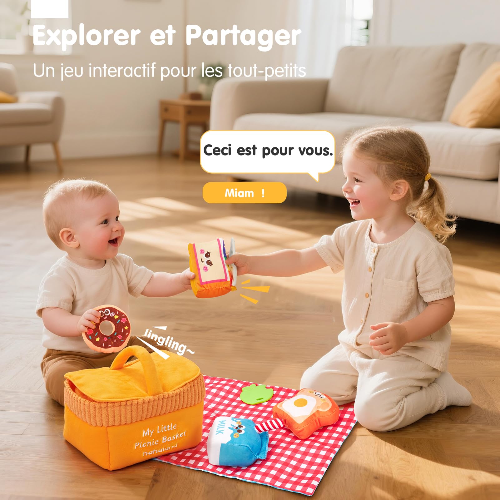 hahaland Jouets BéBé 6 à 12 Mois Peluche Sensorielle Pique-Nique – Jouet Eveil Bebe Voyage Doux Lavable avec Anneau Dentition sans BPA, Hochets, Miroir Montessori Cadeau Enfant 1+ an