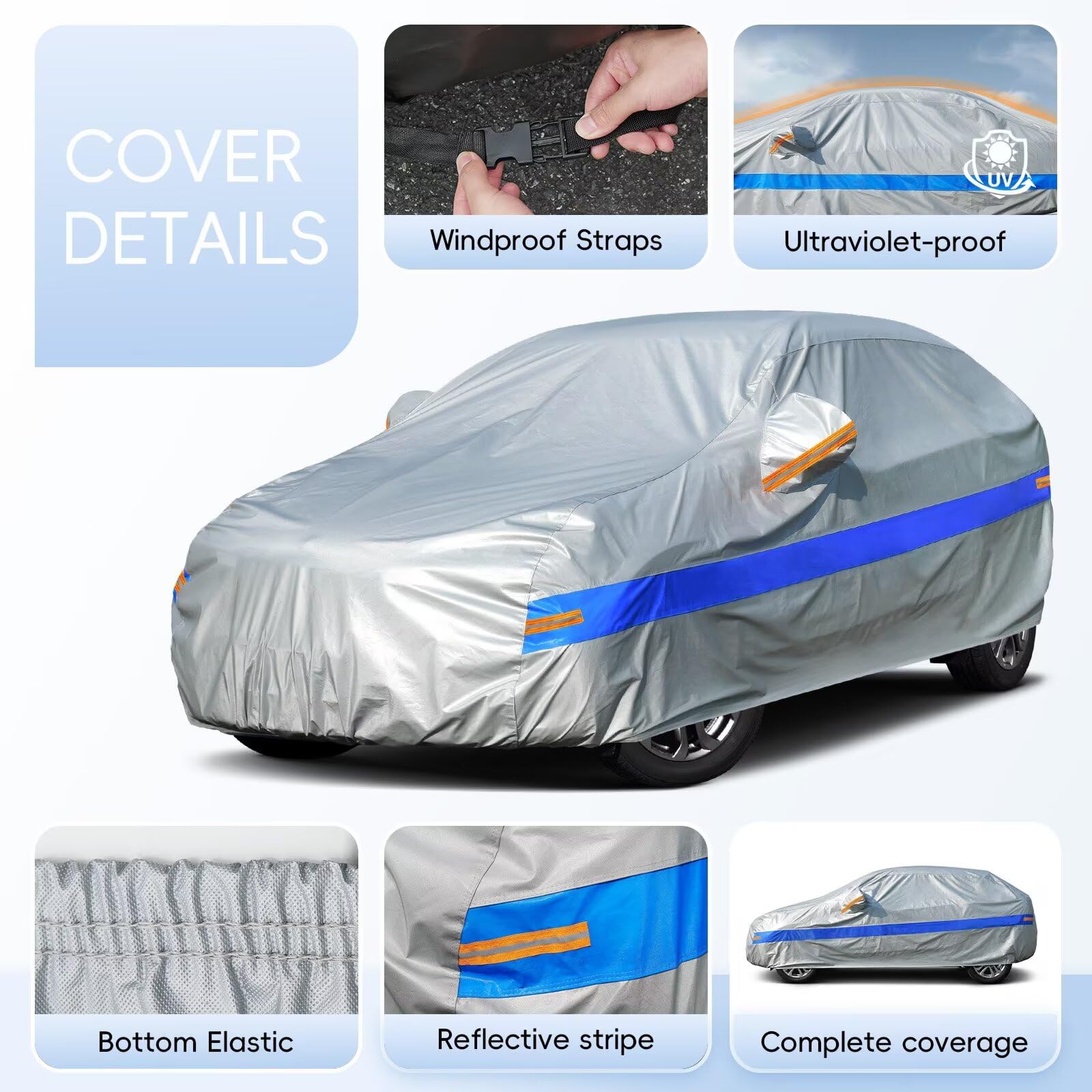Pokrowiec na samochód hatchback, wodoszczelna, oddychająca, do garażu, deszczu, słońca, kurzu i promieni UV. Plandeka samochodowa pasuje do VW Polo, Renault Clio, Toyota Yaris itd., 2 m