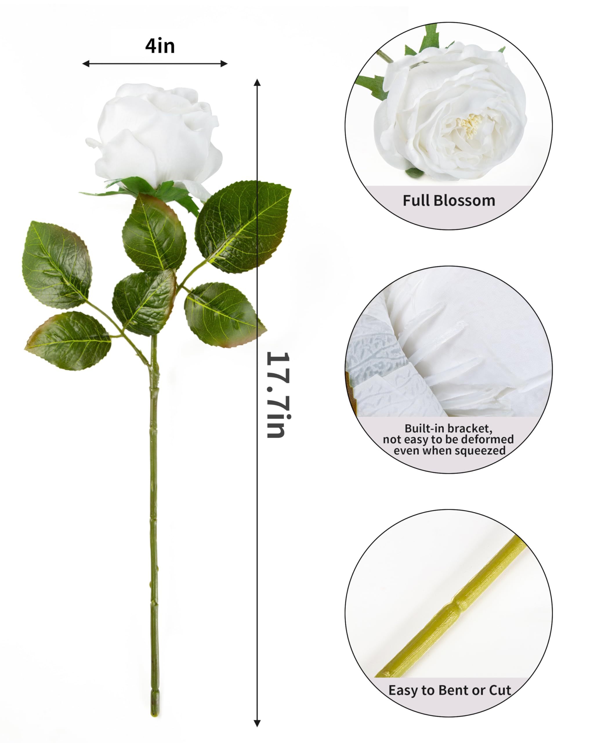 DuHouse 5Pcs Real Touch Silk Roses Fake White Roses with Stems Artificial Flowers for Arrangement Wedding Party Home Decoration - Image 2