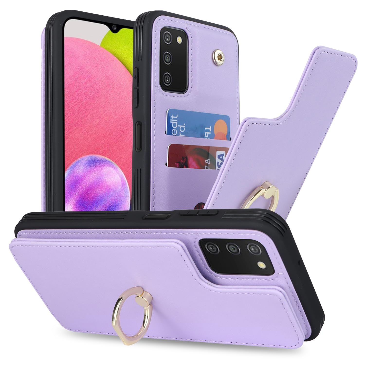 Lipvina Funda para Samsung Galaxy A03s con tarjetero, funda para Galaxy A03s para mujer, tarjetero de crédito, soporte de anillo y bloqueo RFID para teléfono de 6.5 pulgadas (morado)