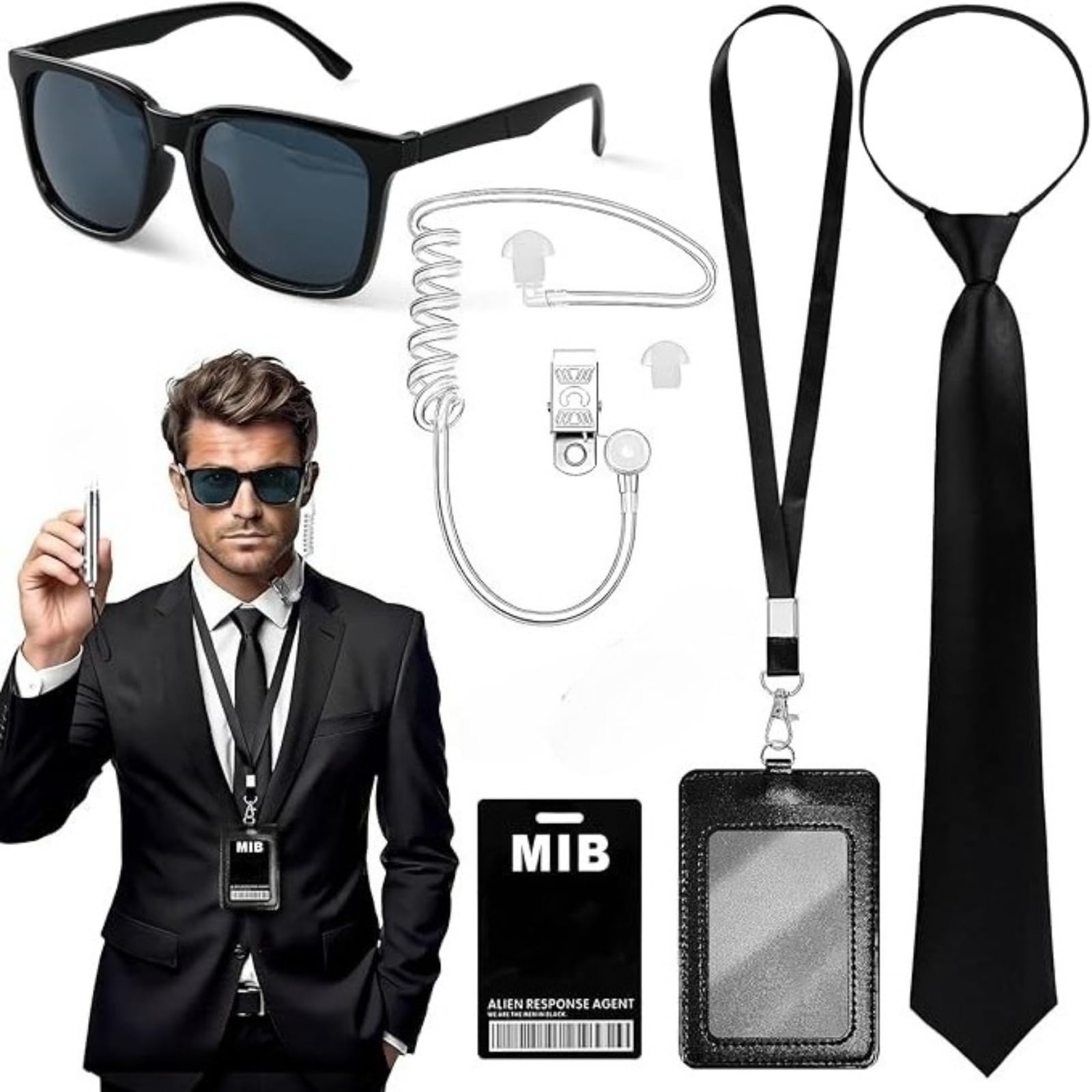 WANGHONGGOGO 4-piece Secret Costume Set, Agent Outfit and Accessories, Cosplay Outfit, Security Accessories includes tie, sunglasses, ID card, and headphones, perfect for cosplay parties