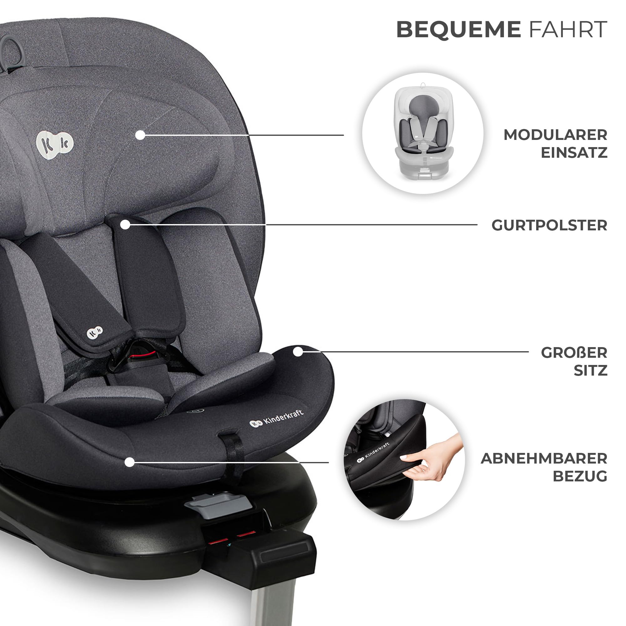 Kinderkraft I-360 Kindersitz 0-36 kg, I-SIZE 40-150 cm, Reboarder 360 grad drehbar, Kinderautositz mit Isofix station, FWF und RWF, Verstellbare Kopfstütze/Rückenlehne mit Liegeposition, Grau