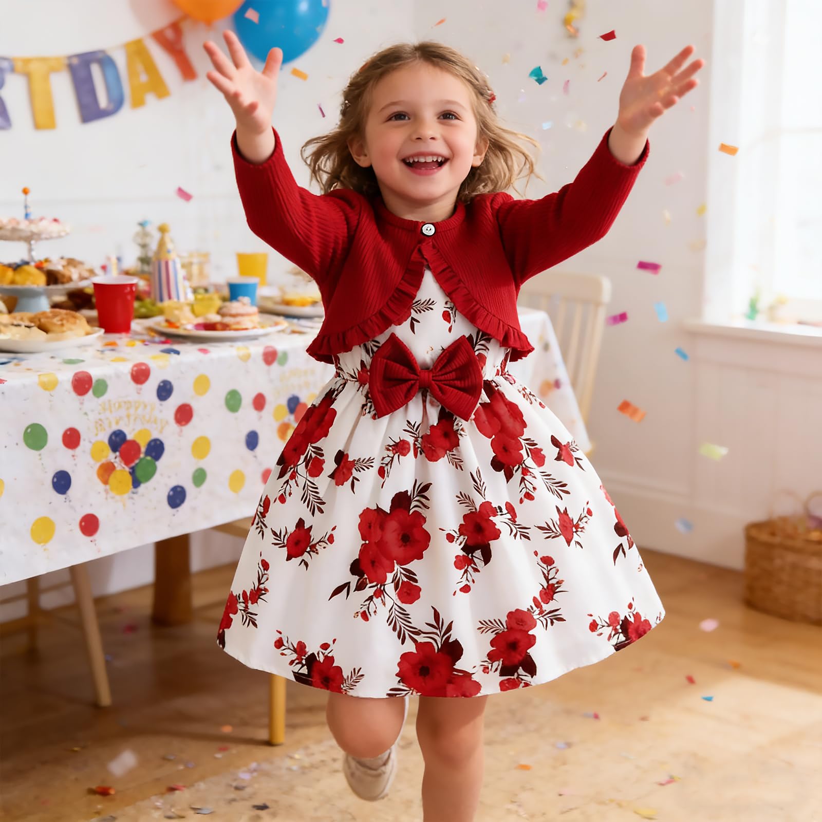 Kunyeah Vestito per Bambine con Set di Cardigan Vestito Floreale Senza Maniche con Volant Bambino Vestito a Maniche Lunghe