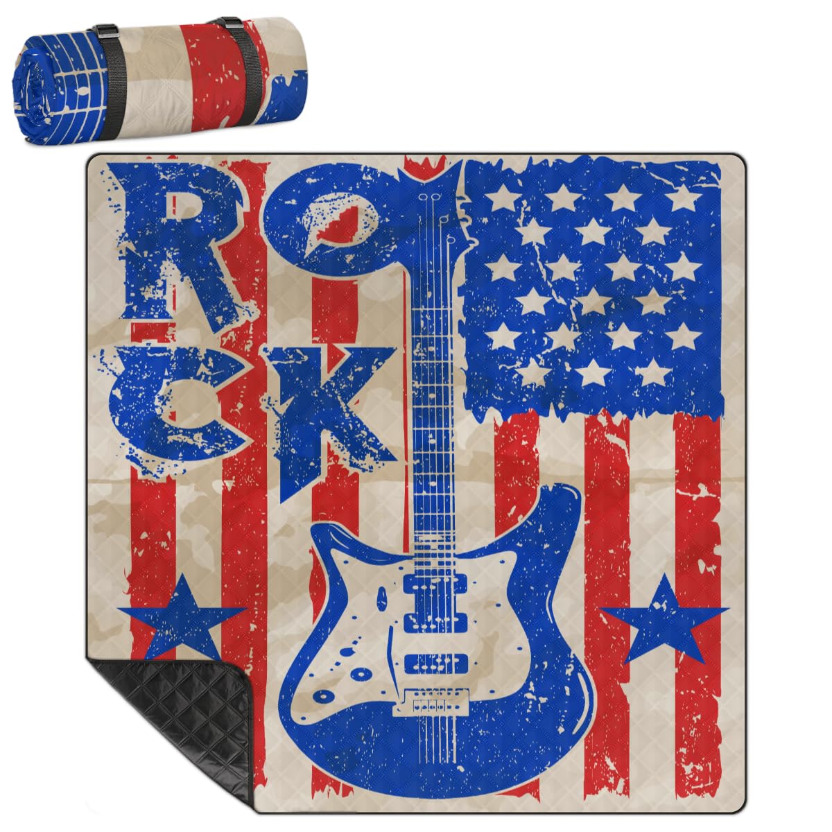 Shimoshe Extra Large Picnic Blankets 79”x 79”, Rock Guitar American Flag Waterproof Foldable Picnic Mat with Straps Portable Beach Blanket for Camping Park Grass Beach Indoor