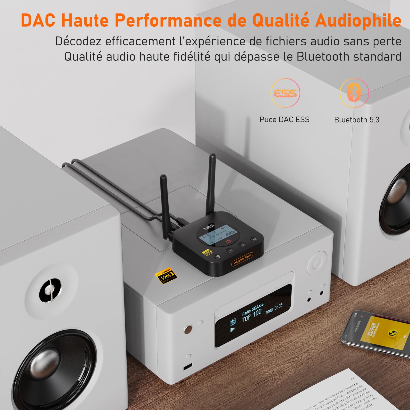 1Mii B06Pro+ Récepteur Audio Bluetooth 5.3 Hi‑FI, pour Chaîne Hi‑FI | Adaptateur sans Fil avec LDAC Hi‑Res, aptX HD Faible Latence, Sorties RCA/Jack 3,5 mm Optique Coaxial, Écran LCD