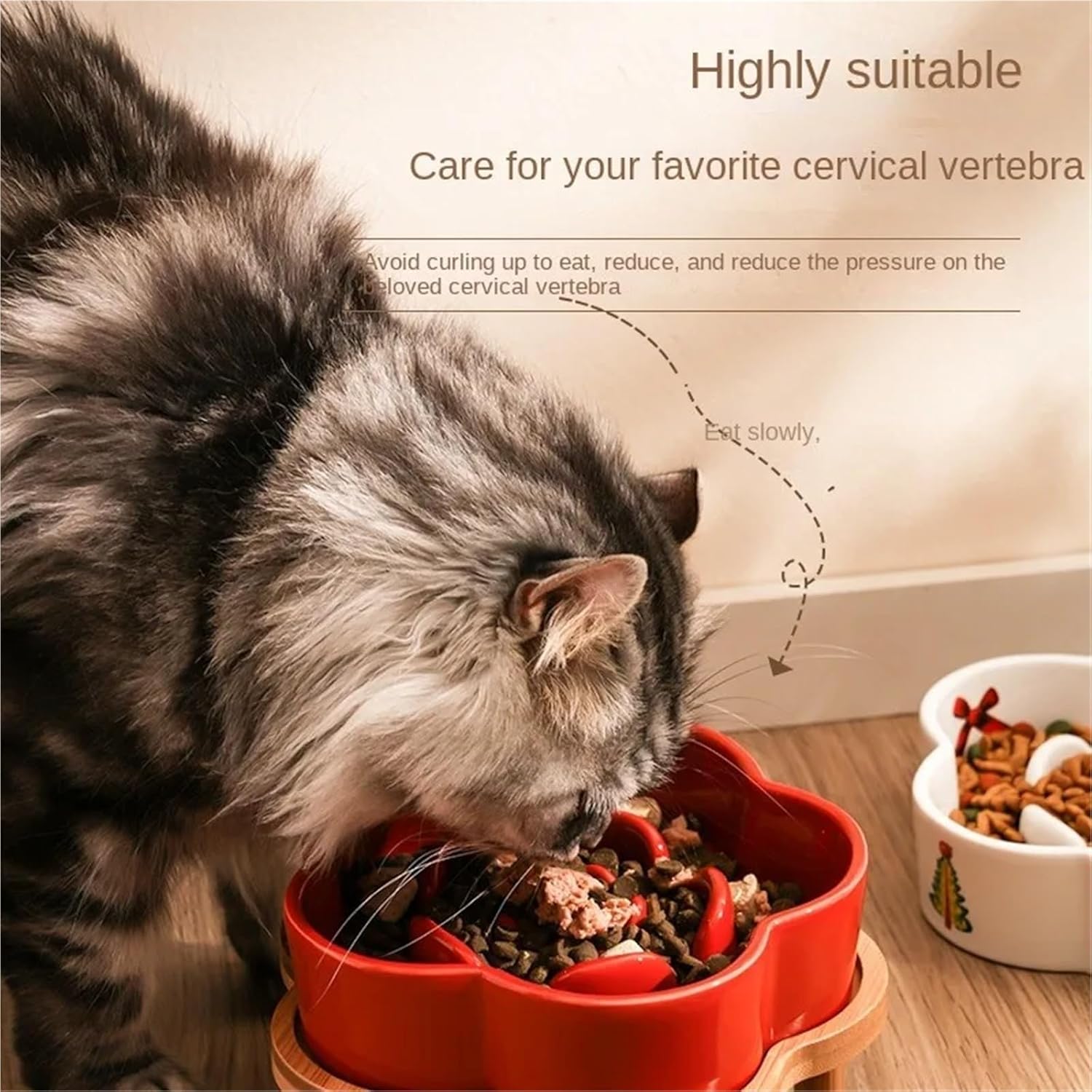 Ceramic Slow Food Bowl Anti-Choking Black Chin Prevention Neck Guard Wooden Frame for Cats & Small Dogs(Style 3)