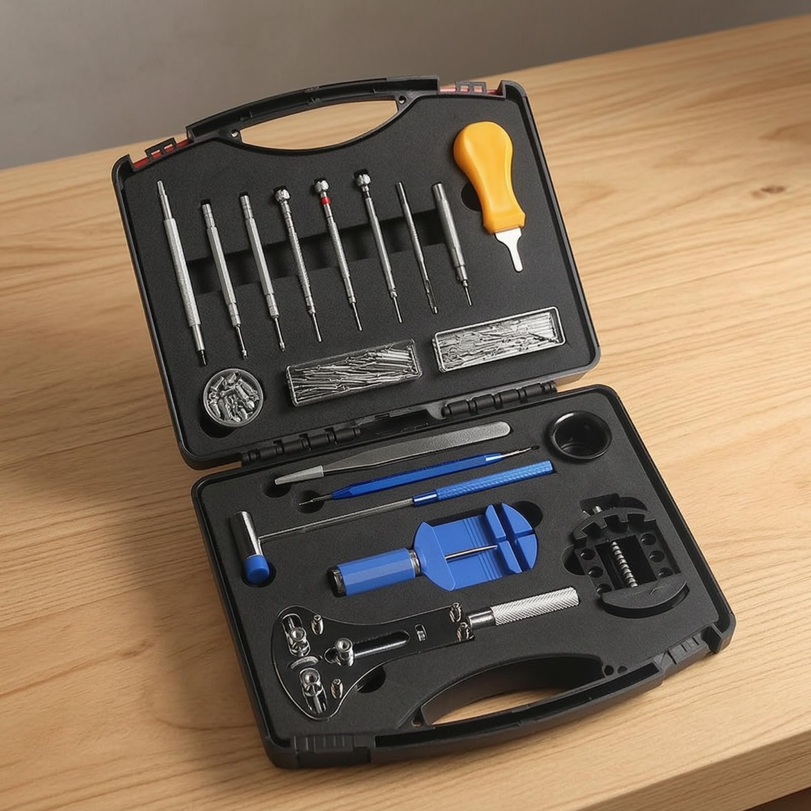 Kit Riparazione Orologi Set Attrezzi Utensili Strumenti Cassa Apricasse con Estrattore Maglie Cacciaviti Strumento Molle Pinzette Alloggiamenti