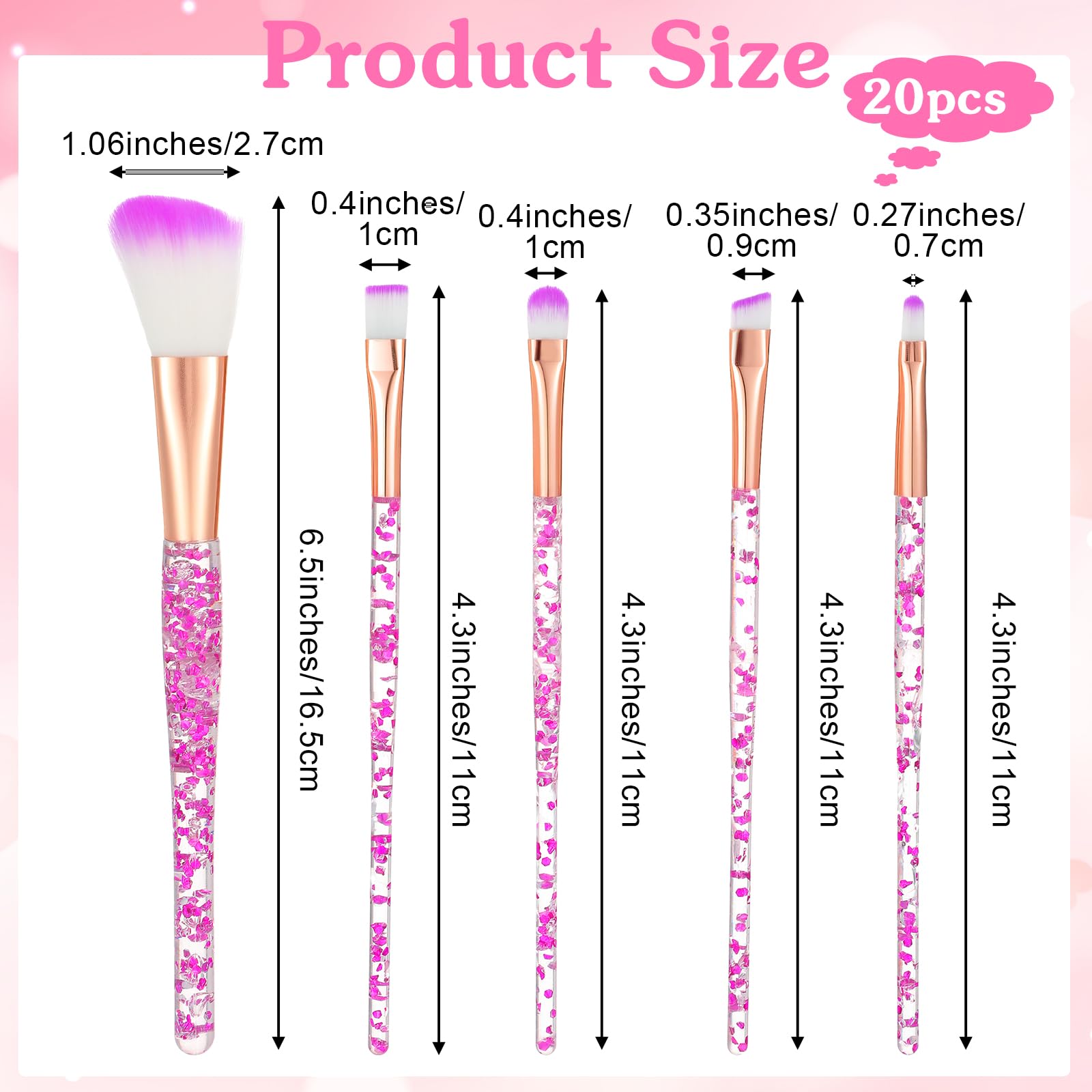 Lot de 20 pinceaux de maquillage en cristal pailleté pour correcteur, fard à paupières, eyeliner, fond de teint, cosmétique, estompage des lèvres, pinceaux synthétiques pour femme avec poignées