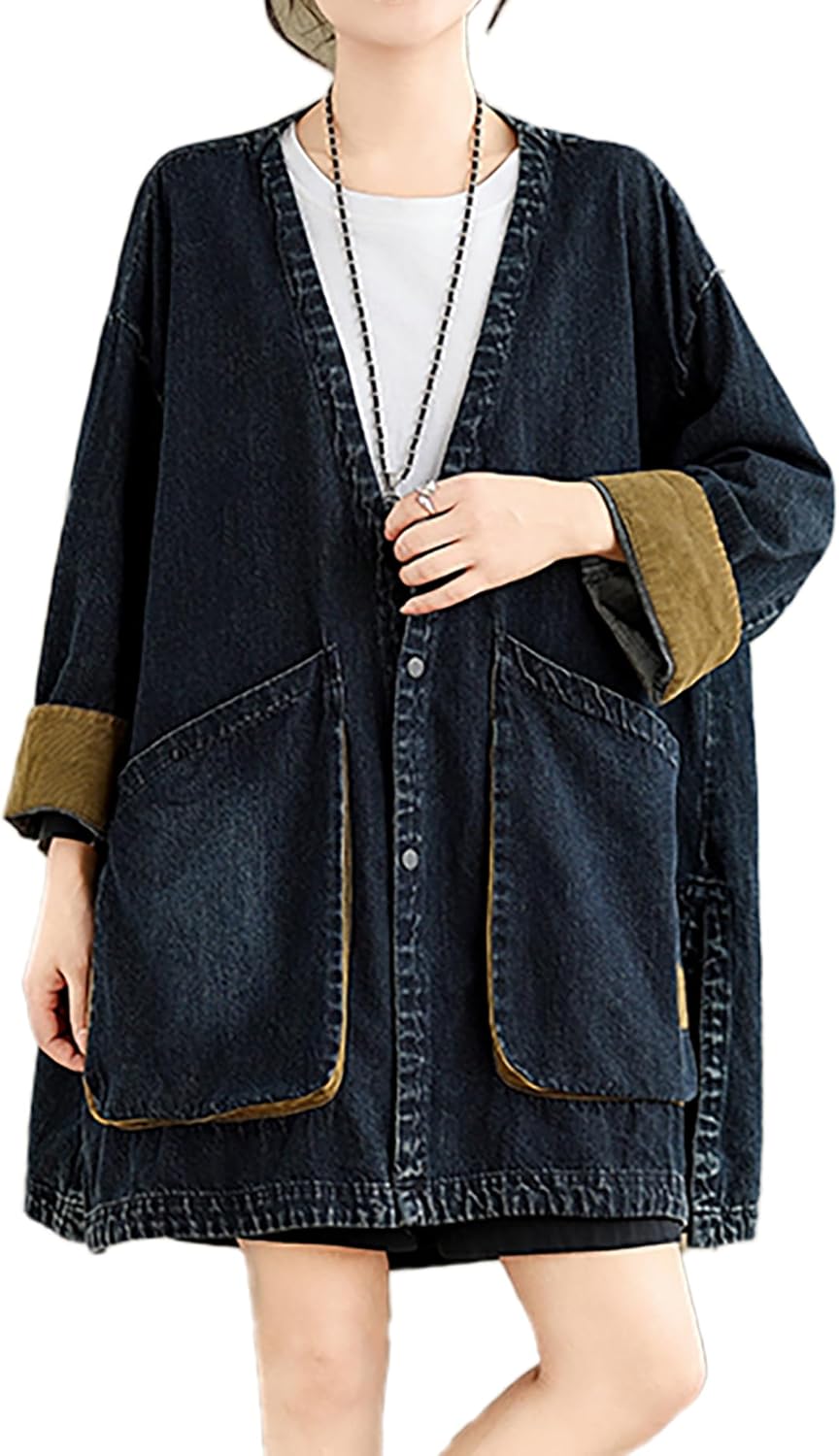 ellazhu Women's Coats Windbreaker V-neck Button Down Long Sleeve Side Pockets GZ738 A