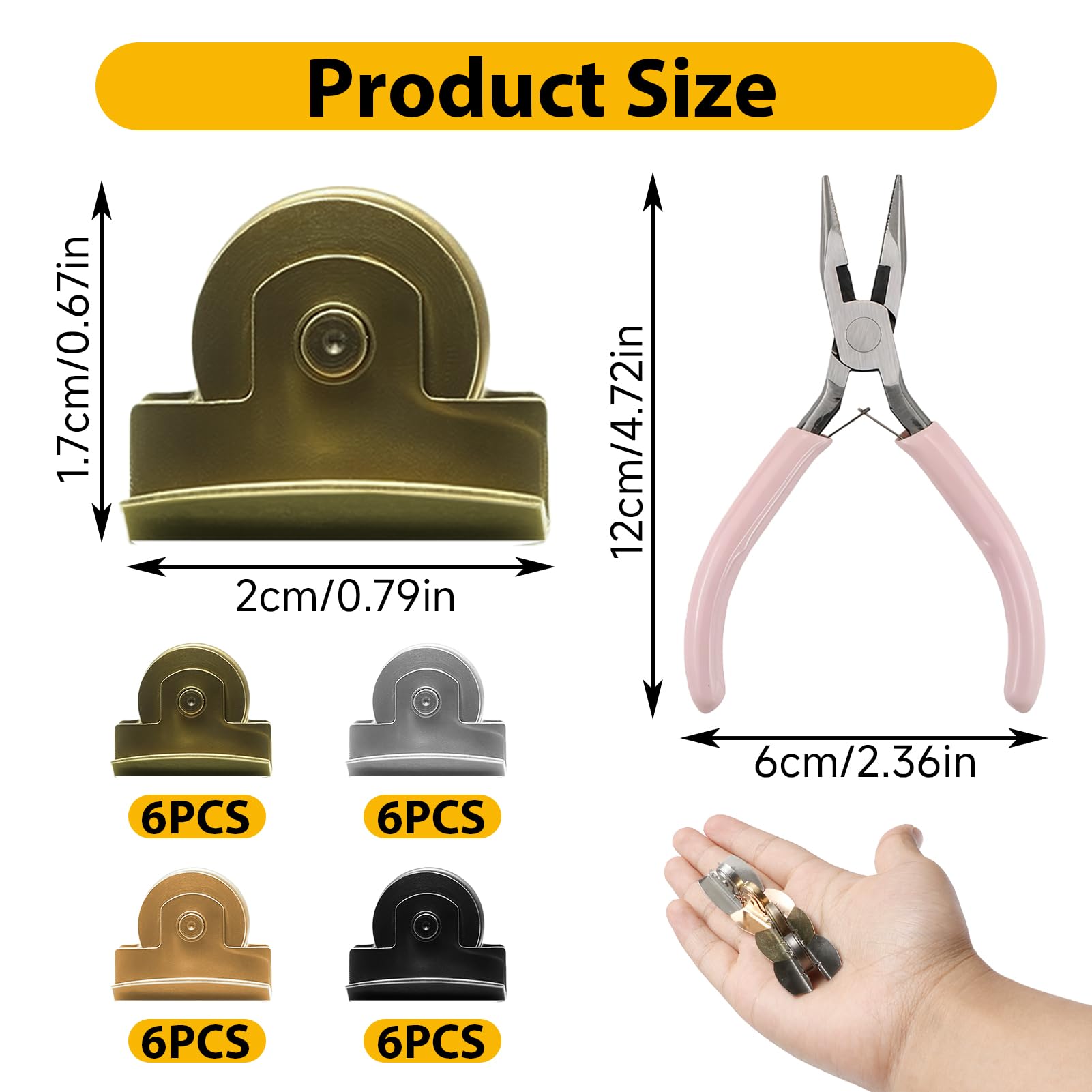RJLCTH 24 pares de broches magnéticos para bolsos y bolsas, 4 colores con pinzas | Acabados dorados y plateados, bronce y cobre, cierres magnéticos sin costuras, ropa, ganchillo y proyectos de manualidades