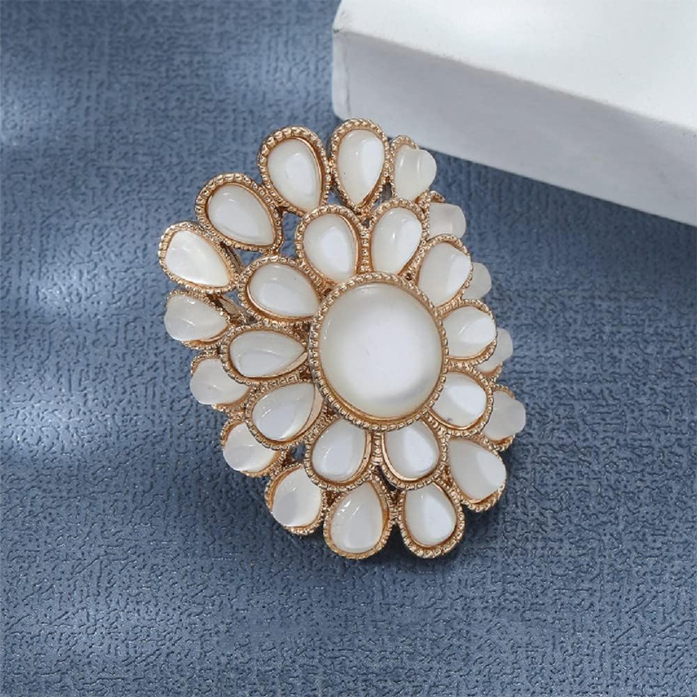Exaggerated Opal Flower Statement Ring for Women Girls Boho White Birthstone Large Big Adjustable Expandable Open Wrap Finger Rings Comfort Fit Bohemian Wedding Birthday Cocktail Party Jewelry Gift