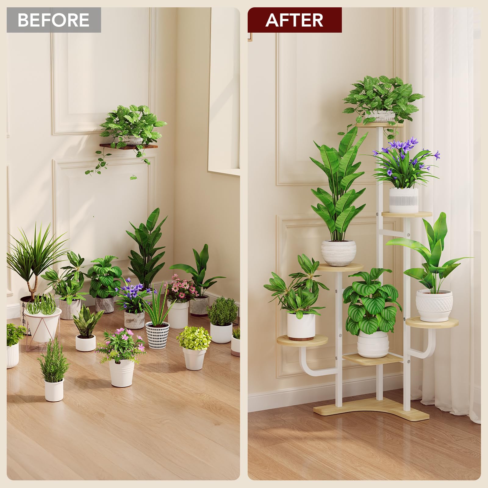Homsorout Soporte esquinero para plantas con luz de crecimiento, soporte para plantas de 6 niveles, estante redondo de metal con luz ajustable, organizador de plantas para sala de estar, jardín