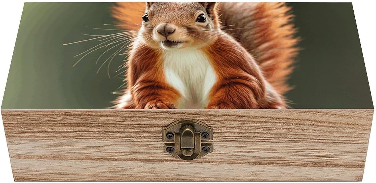 Vintage Wooden Storage Box with Hinged Lid, Red Squirrel