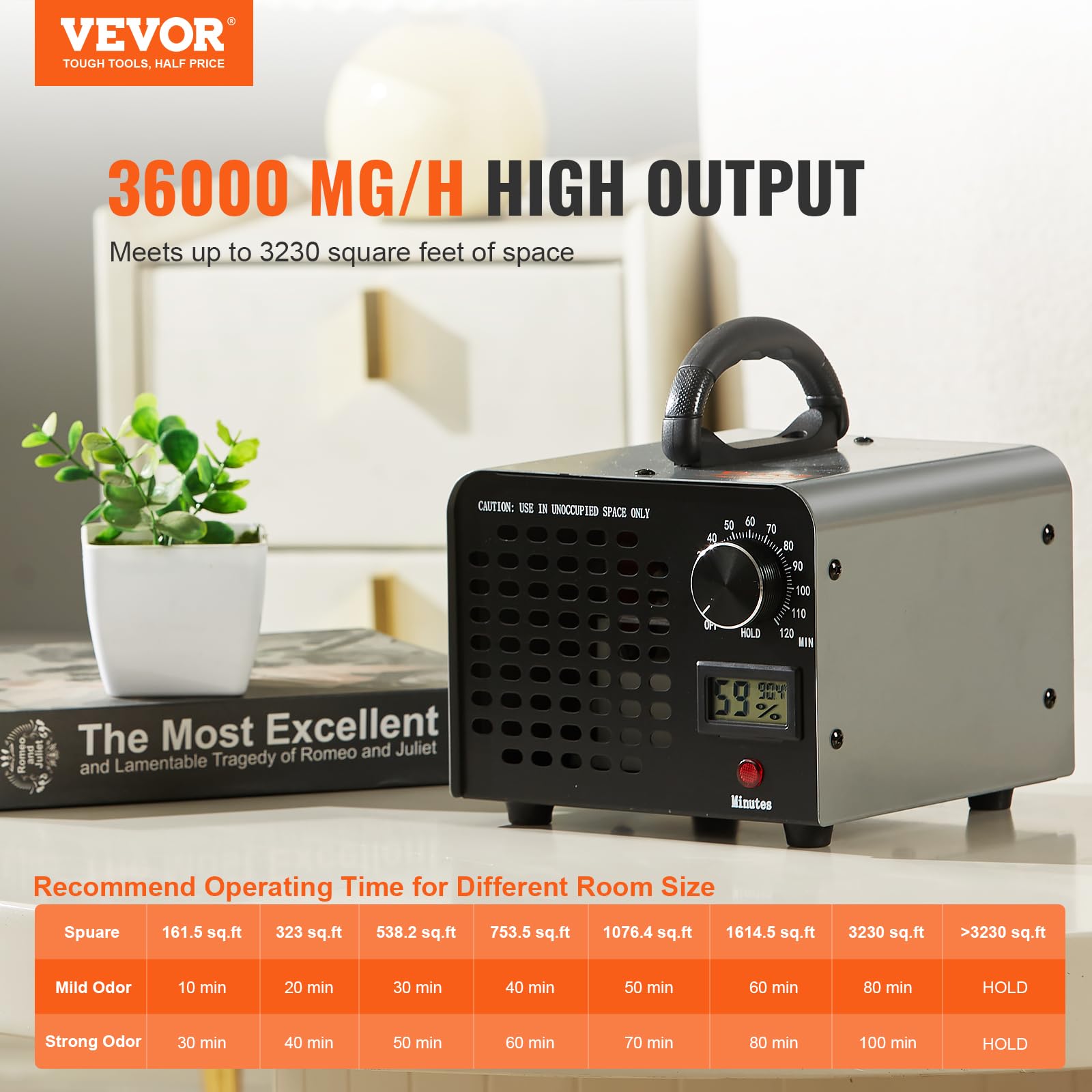 VEVOR Generatore di Ozono Purificatore d'Aria 36000 mg/h per Sanificare Aria Commerciale Industriale 115W Grande Capacità 0-120 Min. Timer Regolabile, Uso Commerciale