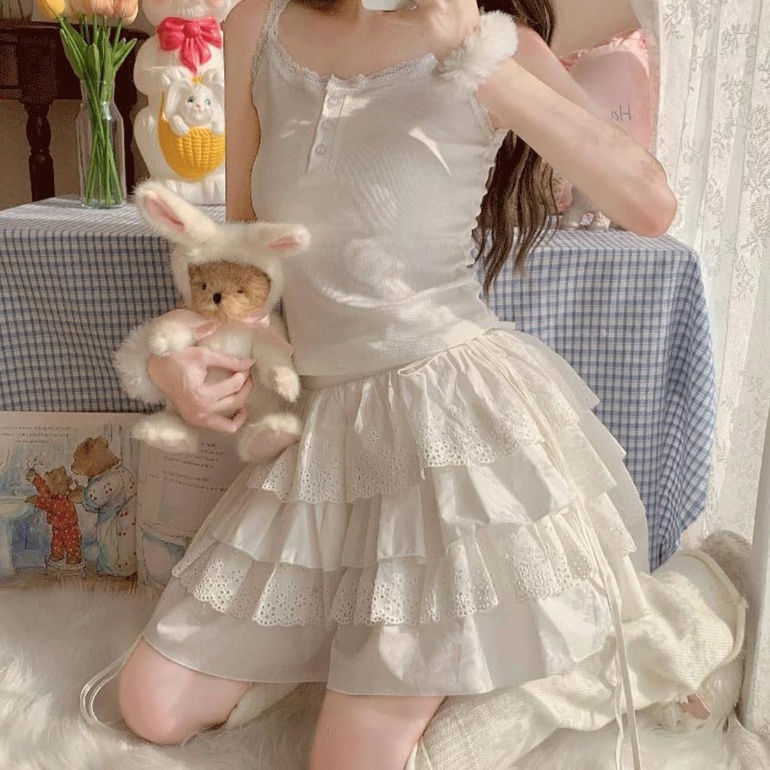 Harajuku Style Kawaii Goth Lolita Fashion Casual Elastic Waist Cute Lace Trim White Short Tiered Skirt - Image 4