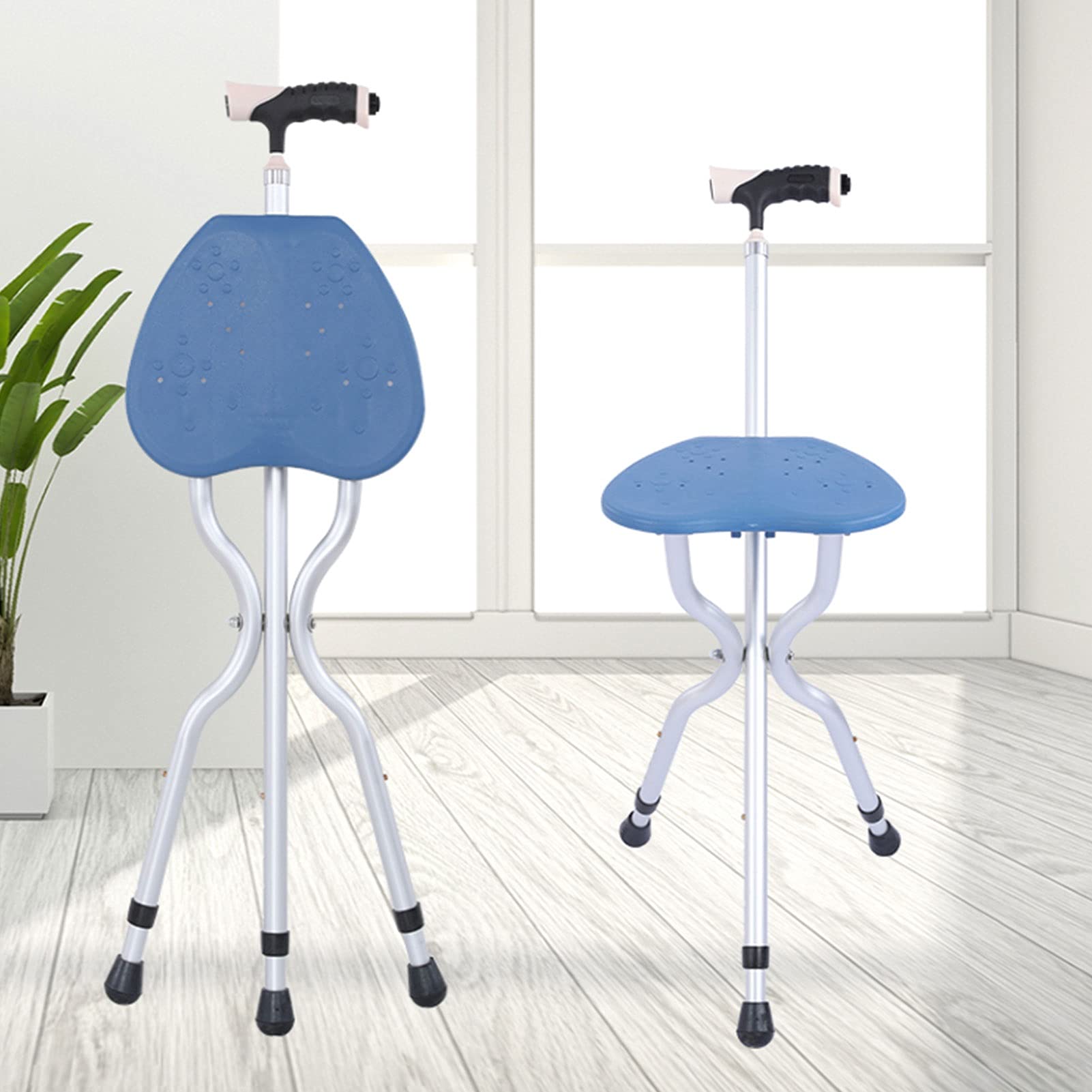 Pasillo para caminar de aluminio con asiento plegable de silla bastón para hombres y mujeres, altura ajustable |Palitos de caminatas mayores plegables, plegable y portátil, base antideslizante (azul)