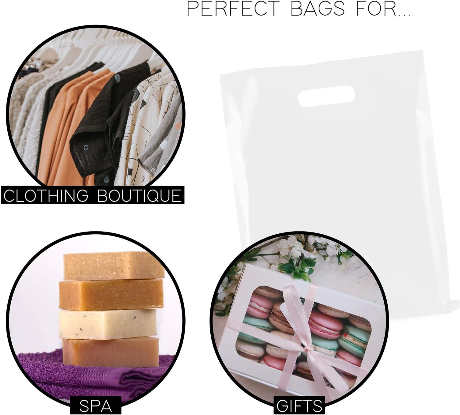 Purple Q Crafts Clear Plastic Bag With Handles 12"x15" Clear Frosted Die Cut Plastic Bags With Handles 100 Pack for Merchandise, Retail, Gifts, Trade Show and More (12"x15")…