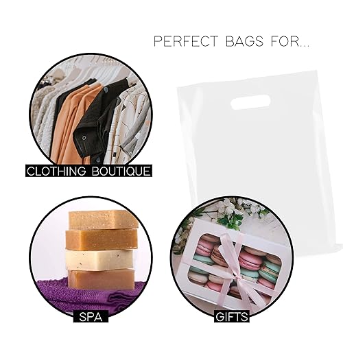 Miniatura 4 de Purple Q Crafts Bolsa de plástico transparente con asas de 12 x 15 pulgadas, bolsas de plástico troqueladas esmeriladas transparentes con asas,