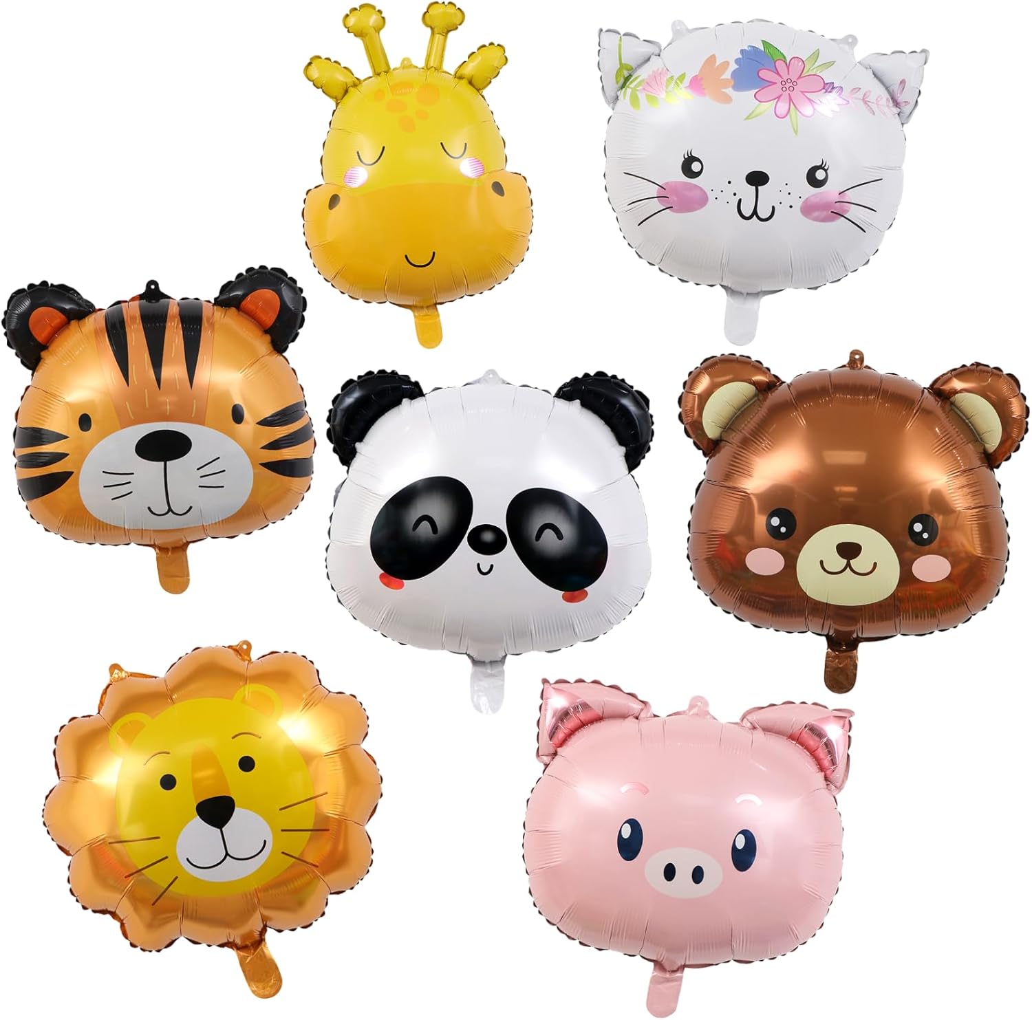 7 Pcs Animal Foil Balloons Set - Cute Bear Cat Giraffe Tiger Panda Pig Lion Head Balloons for Birthday Party Baby Shower Decorations, Jungle Safari Zoo Theme Wild One Celebration